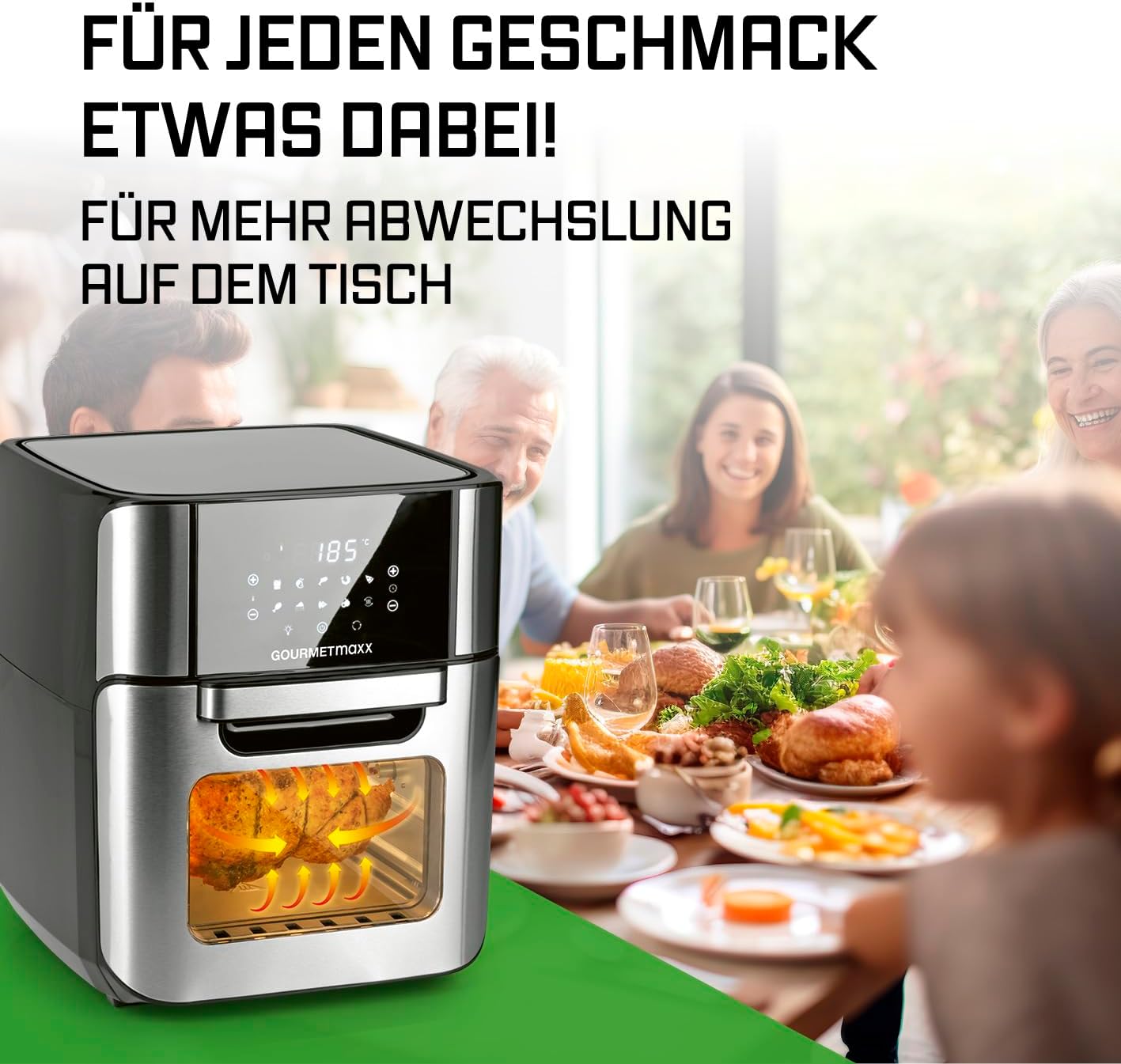 GOURMETmaxx Digitale XXL Heißluftfritteuse 12 Liter | Braten ohne Fett, Zubehör ist spülmaschinenfest | Edelstahldesign, 10 Programme und Timerfunktion (1.800 Watt/Schwarz) – Bild 7