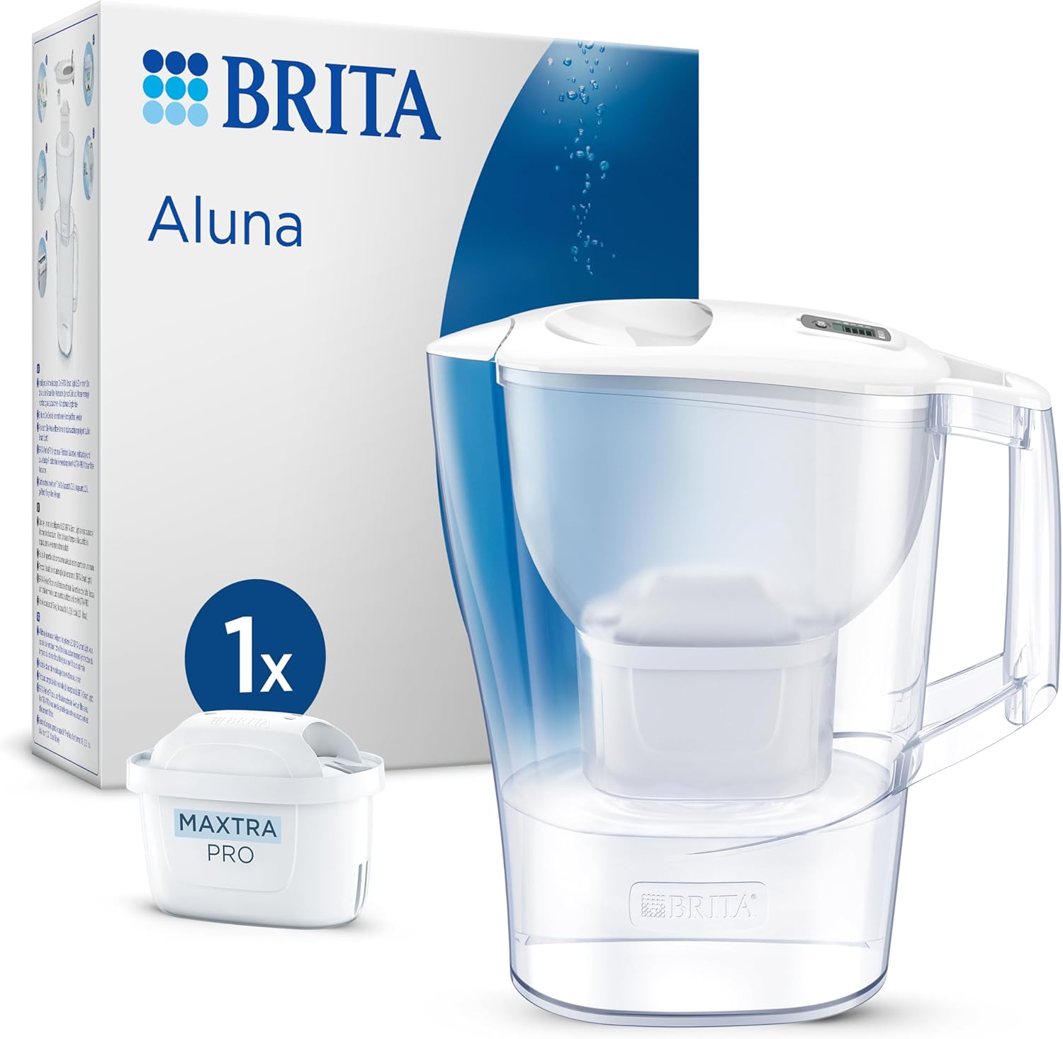 BRITA Aluna Wasserfilterkanne weiß (2,4 l) inkl. 1 x Maxtra Pro Pure Performance Wasserfilterkartusche – kühlschrankgeeignete Filterkanne mit Brita Memo Filtert Verunreinigungen