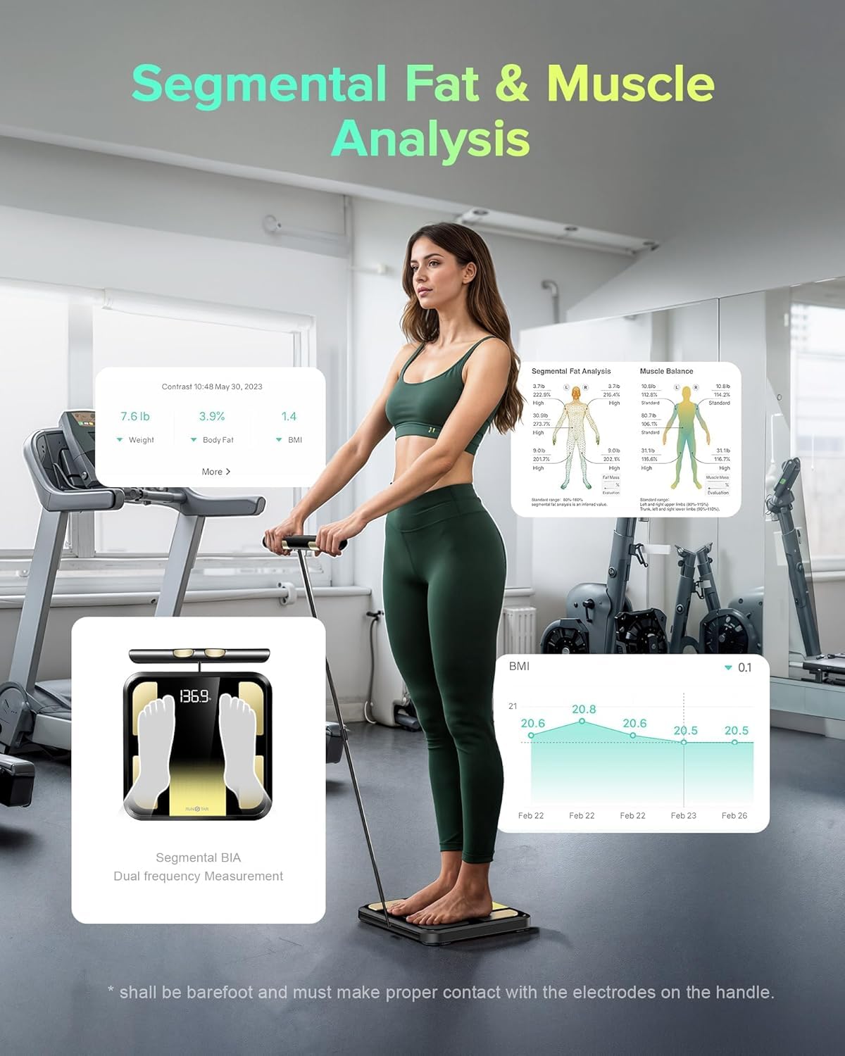 RunSTAR Körperfettwaage, Personenwaage digital mit 8 Elektroden für Körpergewicht und Körperfett, BMI, Muskelmasse und Analyse von 28 Körpermaßen App-Nutzung, 3-Metrik-Anzeige, 180kg – Bild 5