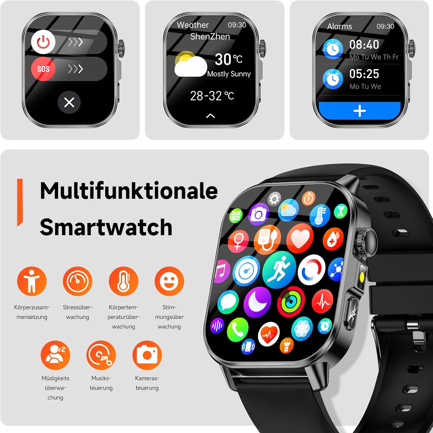 Smartwatch Herren Damen EKG/BI Harnsäure/BMI/HRV/LED-Licht, 2,0 Zoll Gesundheitsuhr mit 24H Druckmessung SpO2 Herzfrequenzmonitor Körpertemperatur Schlafmonitor SOS Notruf Fitnessuhr für – Bild 8