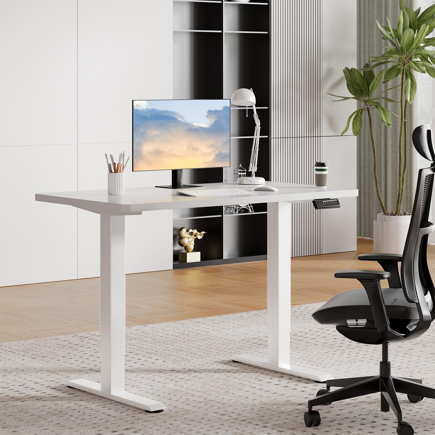 JUMMICO Elektrisch höhenverstellbarer Schreibtisch – Stehsitztisch mit Memory-Funktion & kompletter Tischplatte, Computertisch für Büro & Zuhause, 110 x 53 cm, Weiß – Bild 9