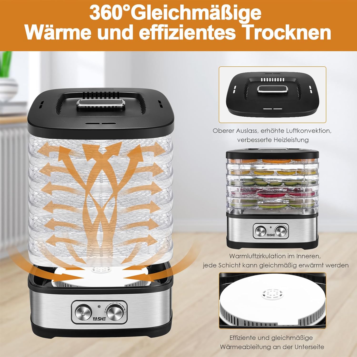 YASHE GGJ-261A Dörrgerät mit 5 höhenverstellbaren Tabletts, Temperaturregelung von 35–70 °C, 240 Watt Dörrgerät für Obst und Gemüse, BPA-frei, Silber, transparent, schwarz – Bild 3