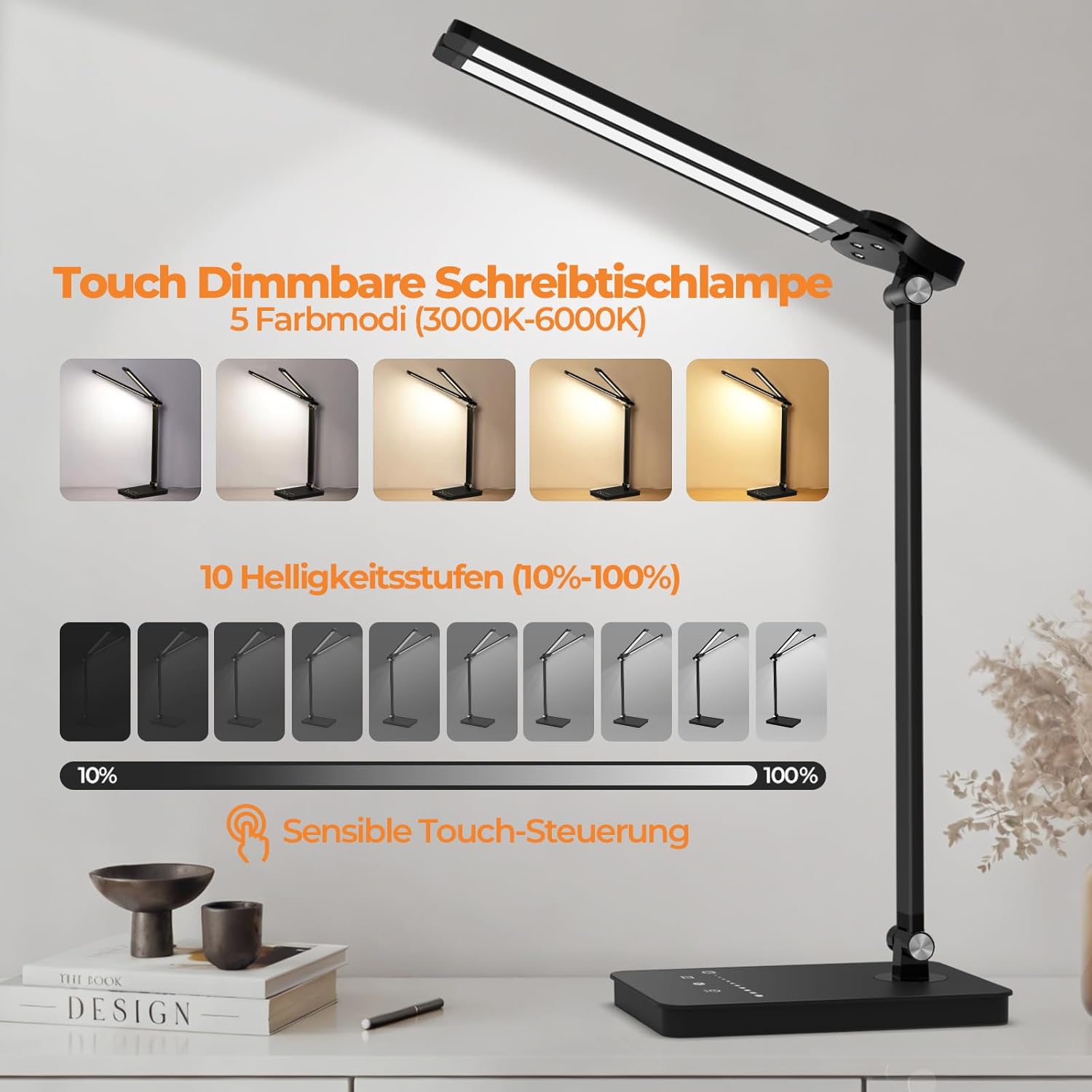 Schreibtischlampe LED dimmbar mit 4000 mAh Akku, 5 Farben und 10 Helligkeitsstufen – kabellose Tischlampe mit USB-Anschluss, Touch-Steuerung und Timer für Kinder, Büro und Lesen (schwarz) – Bild 2