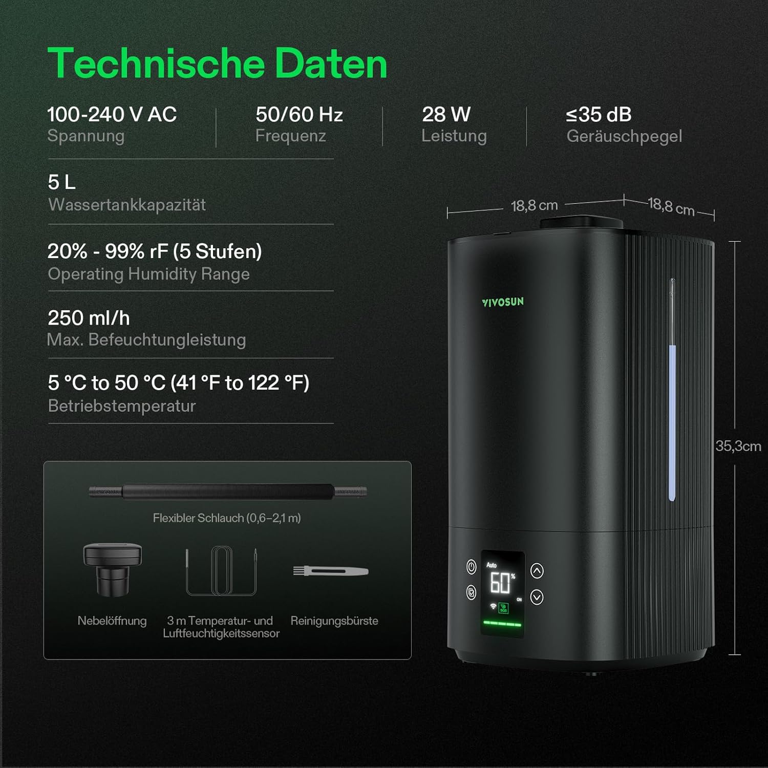 VIVOSUN Pflanzenbefeuchter, 5 l, intelligenter Luftbefeuchter für Pflanzen, AeroStream H05, 24 dB, leise, 360° kühler Nebel, 50 Stunden, langlebig, Top-Fill-Ultraschall, entwickelt für Wachstumszelte, Growbox – Bild 2