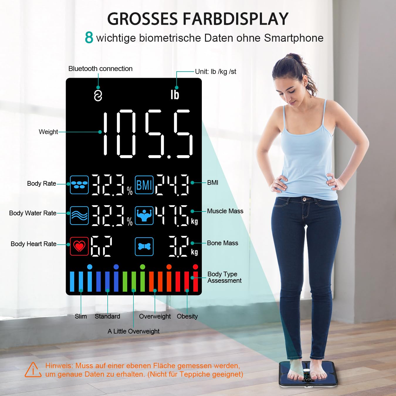 ABLEGRID Wiederaufladbare Körperfettwaage, LED-Digital-Personenwaage mit Körperfett und Muskelmasse, Körperfettanalyse, 16 Messungen der Körperzusammensetzung, BMI, Herzfrequenz, 180 kg, Schwarz – Bild 2