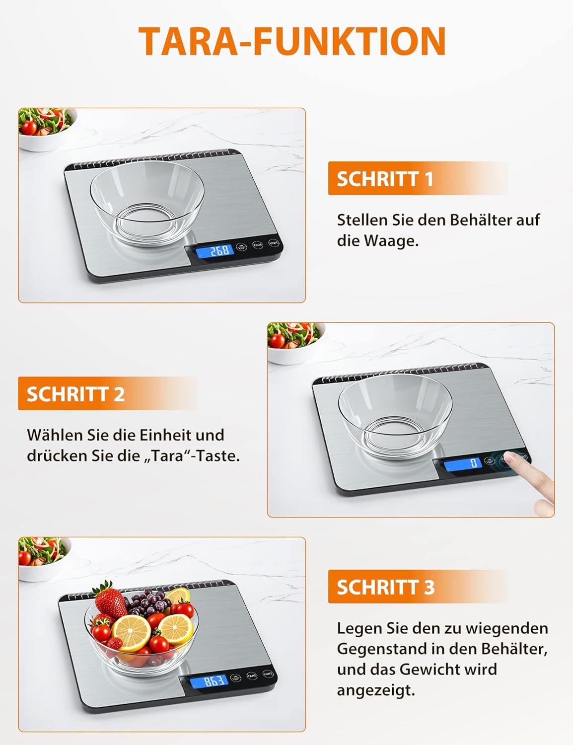 Digitale Küchenwaage 20 kg, große Wiegefläche, Digitalwaage mit Lineal, professionelle elektronische Waage, Edelstahl-Haushaltswaage, Lebensmittelwaage, Tara-Funktion, kein USB, 5 Einheiten, LCD inklusive Batterien – Bild 6