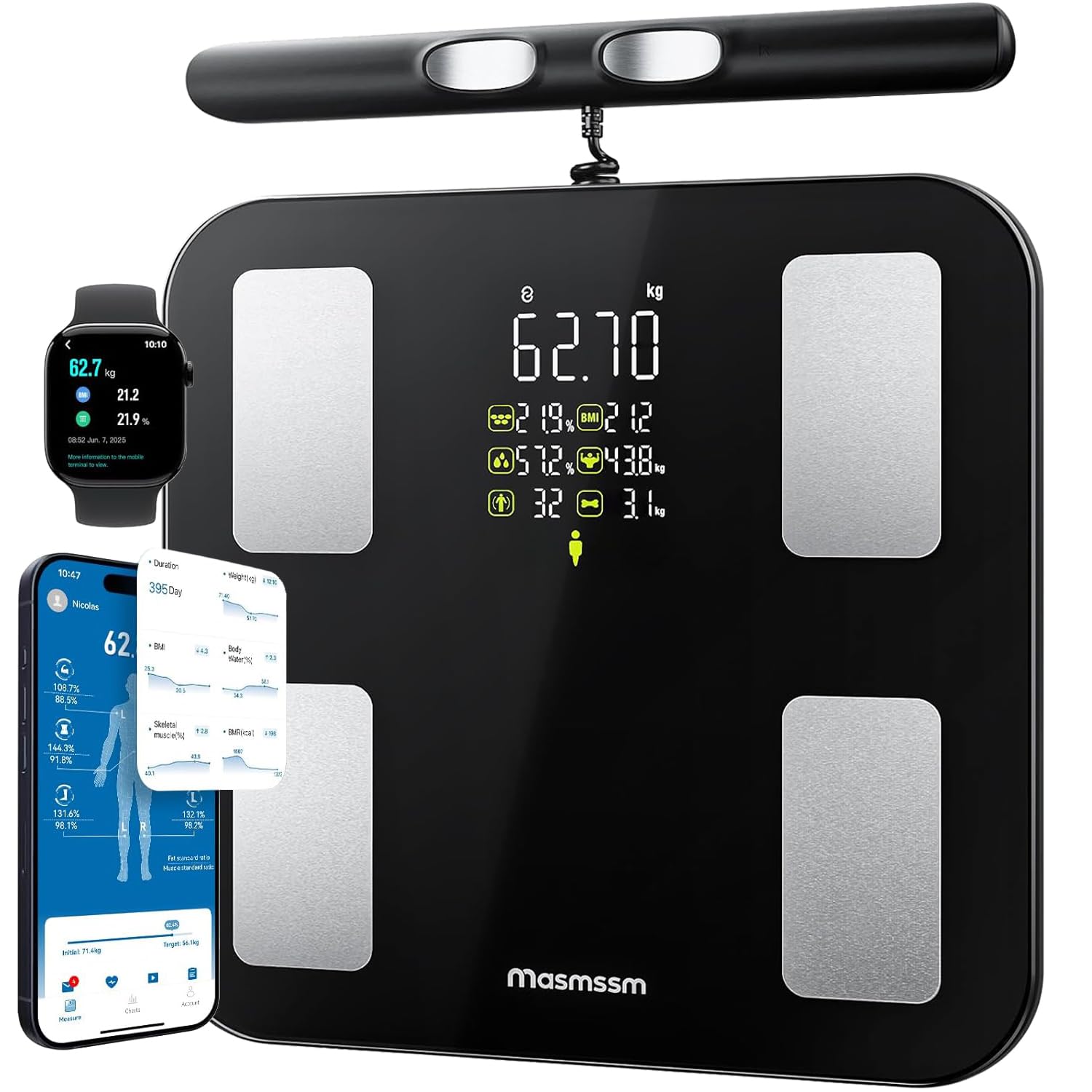 Personenwaage, Körperfettwaage, intelligente Personenwaage, digital, 28 Messwerte, 8 Elektroden, Dual-Frequenz-BIA-Körperwaage, VA-Display, Körperwaage, digital, Bluetooth, kompatibel mit iOS/Android, 180 kg/400 lbs