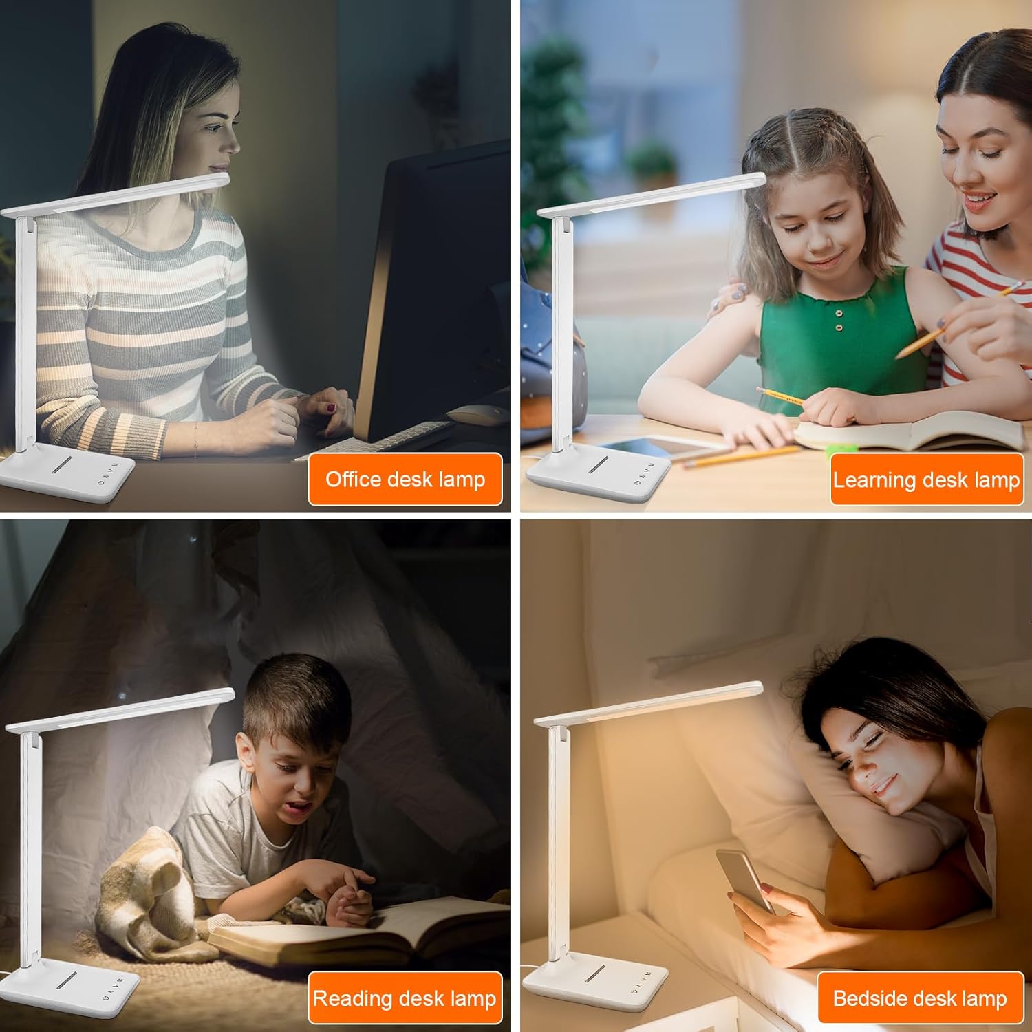Jumoking Schreibtischlampe LED Dimmbar Augenschutz, Schreibtischlampe mit 5 Farben und 5 Helligkeitsstufen, Tischlampe mit USB-Ladeanschluss, Touch-Steuerung für Kinder, Schlafzimmer, Lesen, Büros (Weiß) – Bild 5