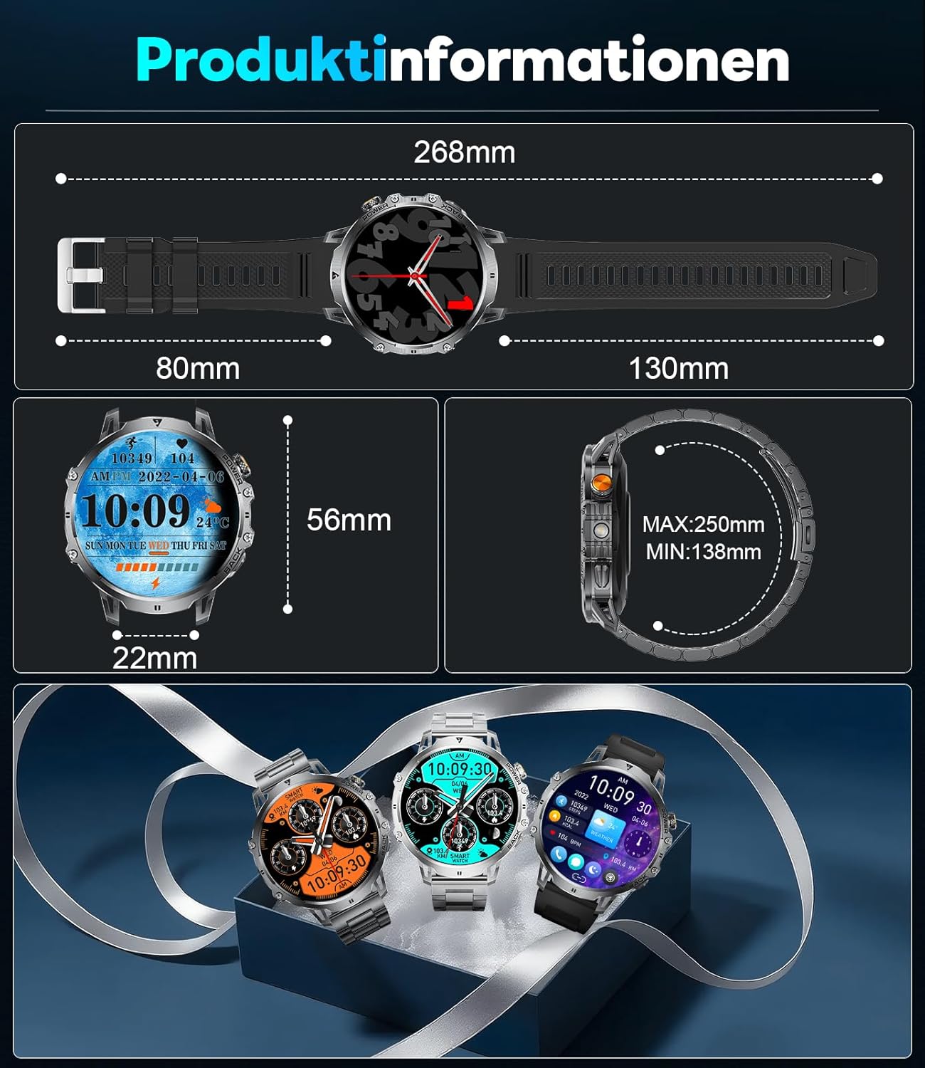 LIGE Military Smartwatch Herren – 1000 mAh/1,85 Zoll HD großer Touchscreen/LED-Licht, Fitnessuhr mit 110+ Sportmodi, Herz-/Schlaf-Tracking, 2 Armbänder, IP68 wasserdicht, Sportuhr für iOS/Android, Schwarz – Bild 11
