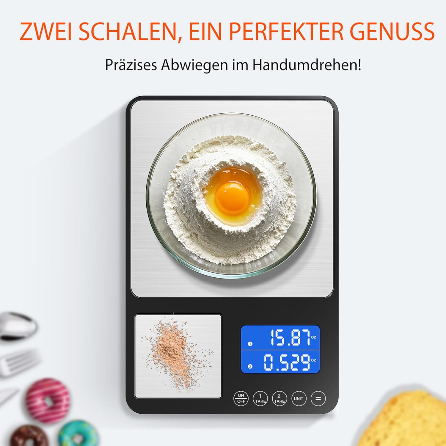 Digitale Küchenwaage mit Doppelplattform, präzise Messung von 500 g/0,01 g und 15 kg/1 g, Tara- und Summierfunktion, 7 Einheiten Lebensmittelwaage zum Kochen, Backen, für Fitness-Mahlzeiten und für den professionellen Küchengebrauch – Bild 4