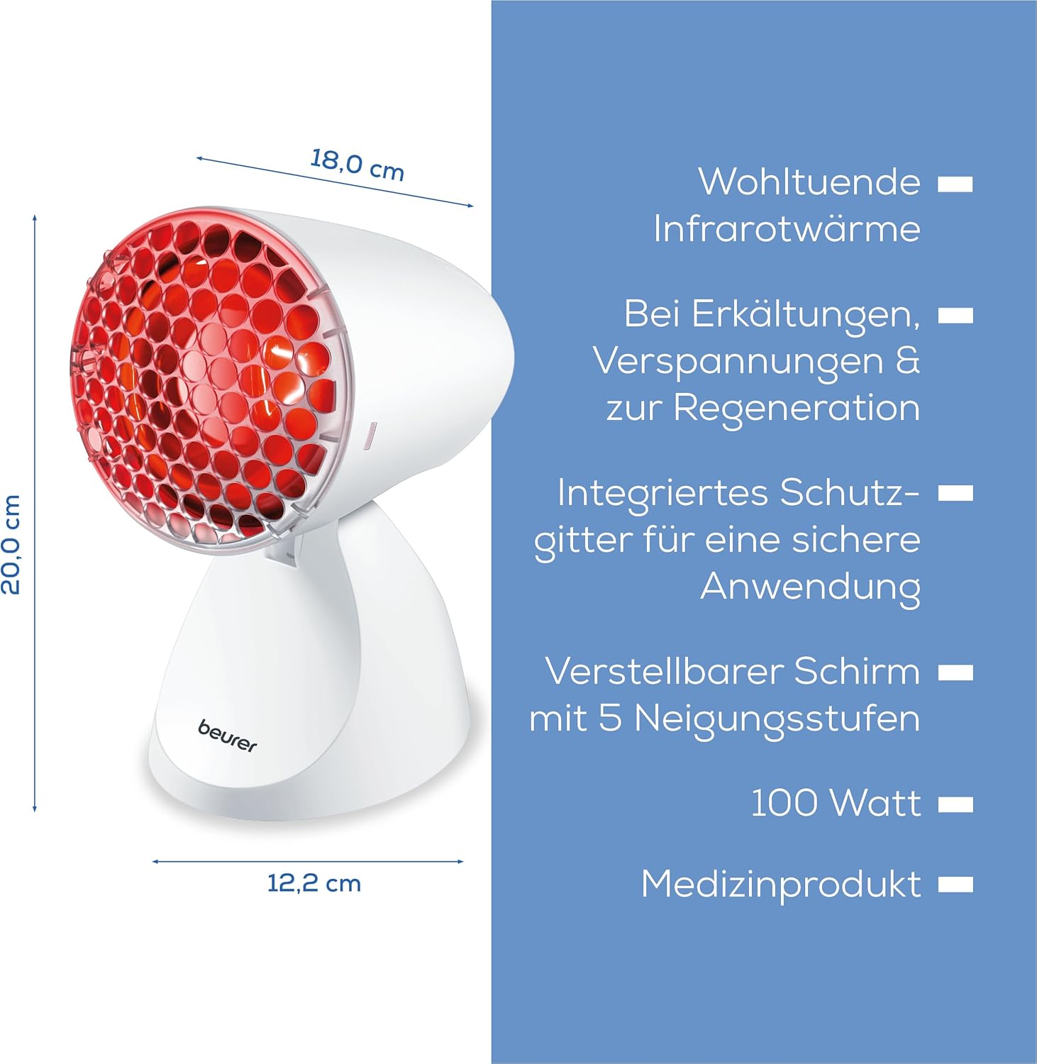 Beurer IL 11 Infrarotlampe mit Schutzgitter – Medizingerät mit wohltuender Wärme bei Kälte und Muskelverspannungen – 5 Neigungsstufen – inklusive Schutzbrille – weiß – Bild 6