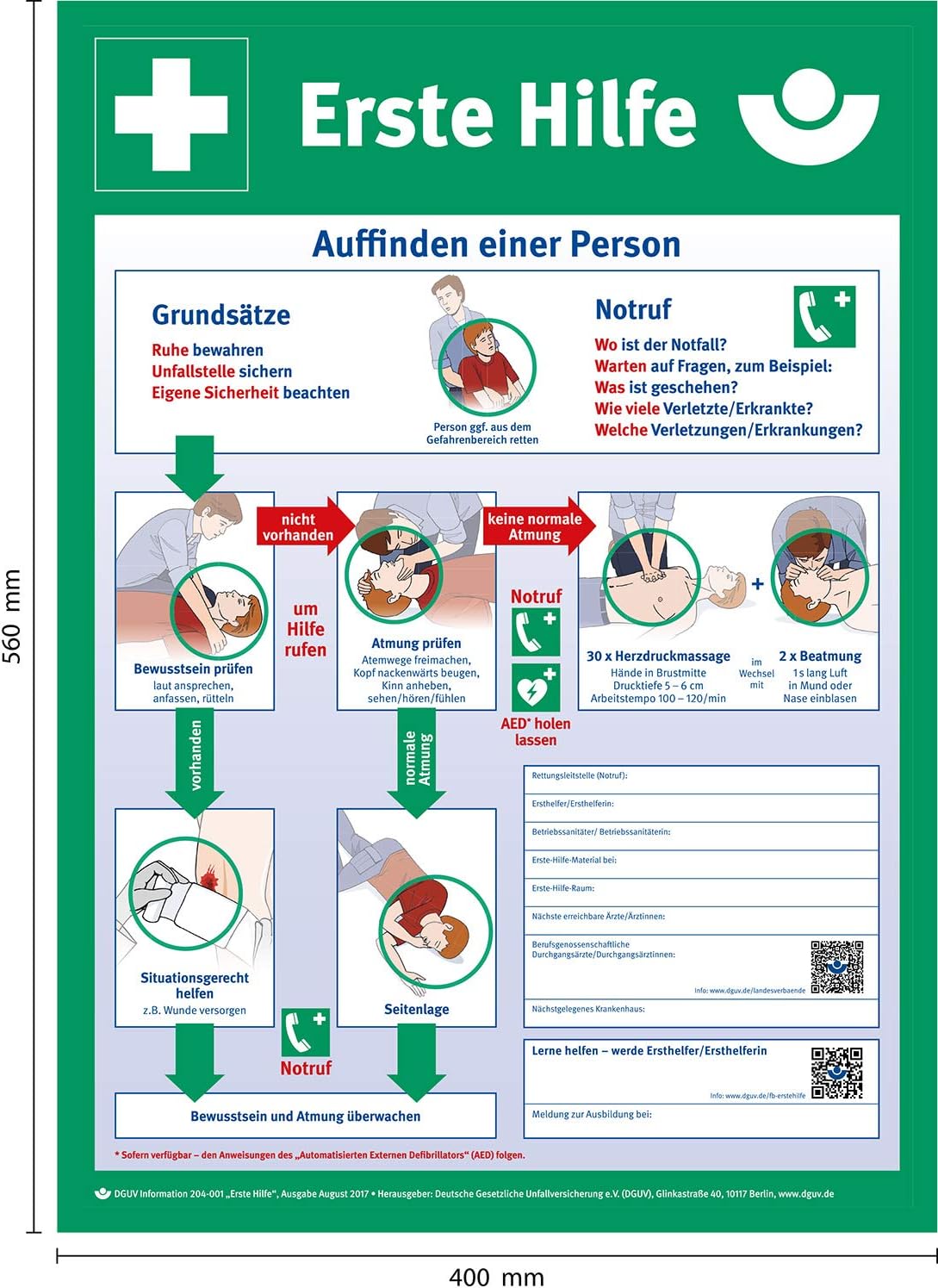 Erste-Hilfe-Hinweis-Poster/Schild – aus Hart-PVC, robust & wetterfest, aktuelle Version 2025, Erste-Hilfe-Anleitung nach DGUV – Bild 2