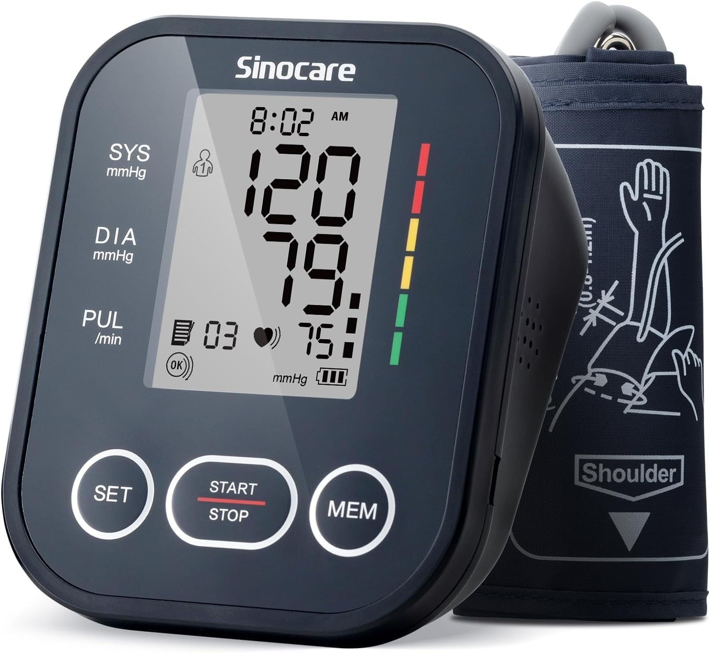 Sinocare Oberarm-Blutdruckmessgerät – klinisch validiert, 2 x 99 Speicher für 2 Benutzer, Ein-Knopf-Bedienung, XL-Manschette (22–42 cm), Arrhythmie-Erkennung