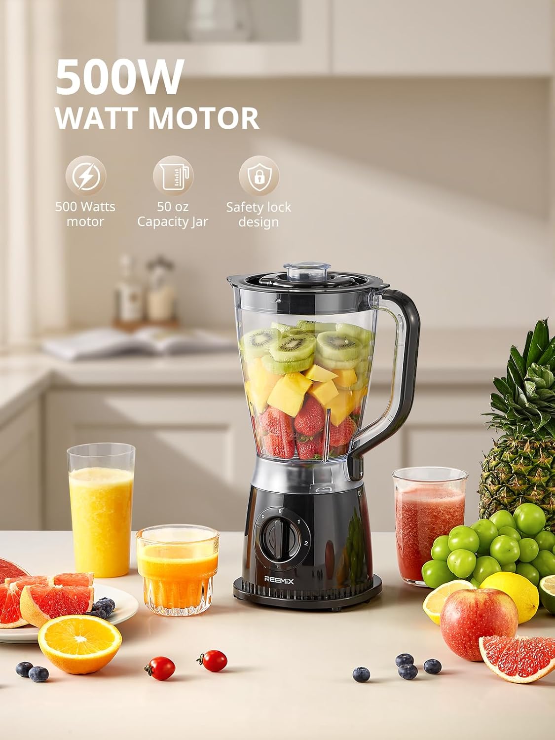 Standmixer 500 W, 1,5 L Mixer mit 2 Geschwindigkeitsstufen und Pulse-Funktion, Edelstahlmesser, abnehmbarer Deckel mit Messbecher, spülmaschinenfester Mixbecher für Smoothies und Shakes – Bild 5