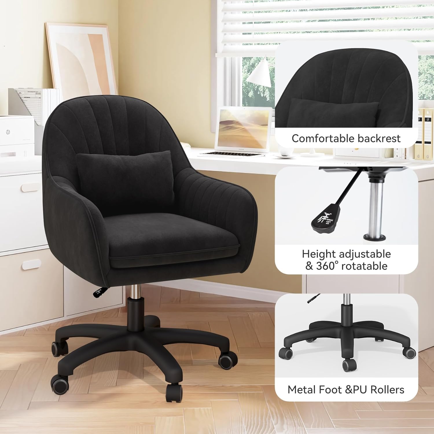 Home-Office-Stuhl, Samtstuhl mit Kissen, 360° drehbar, höhenverstellbarer Bürostuhl, ergonomisch, Schminkstuhl, Drehstuhl, für Arbeitszimmer, Schlafzimmer, maximale Belastung 120 kg, Schwarz – Bild 6