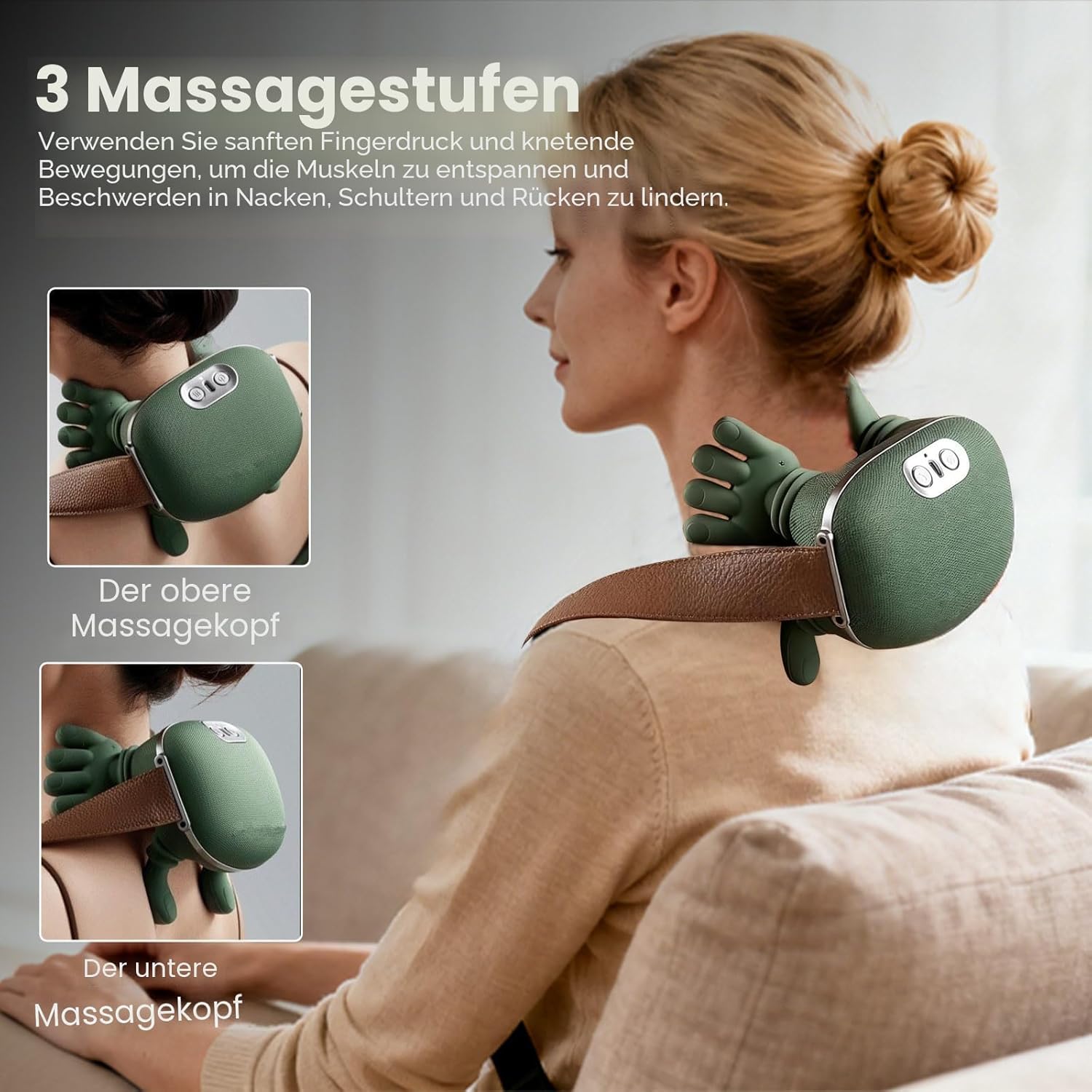 Massagegerät, 4D Bionic Heat Massagegerät, Schultermassagegerät für Nacken und Schultern mit Heizung, 3 Geschwindigkeitsstufen, 2 Wärmeeinstellungen (40 °C/45 °C), USB, für Zuhause/Müdigkeit lindern – Bild 3