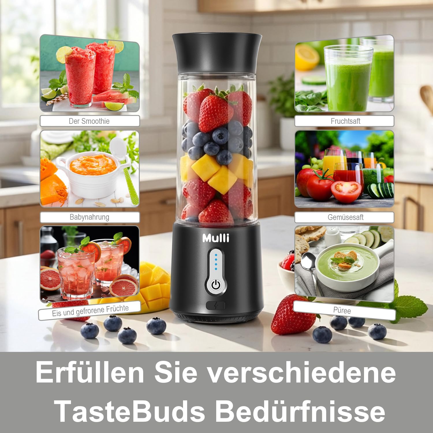 Tragbarer Mulli-Mixer mit Reisedeckel – 500 ml, per USB wiederaufladbar, persönlicher Smoothie- und Protein-Shake-Maker, 6 Klingen für Sport, Reisen, Fitnessstudio und Zuhause – Bild 5