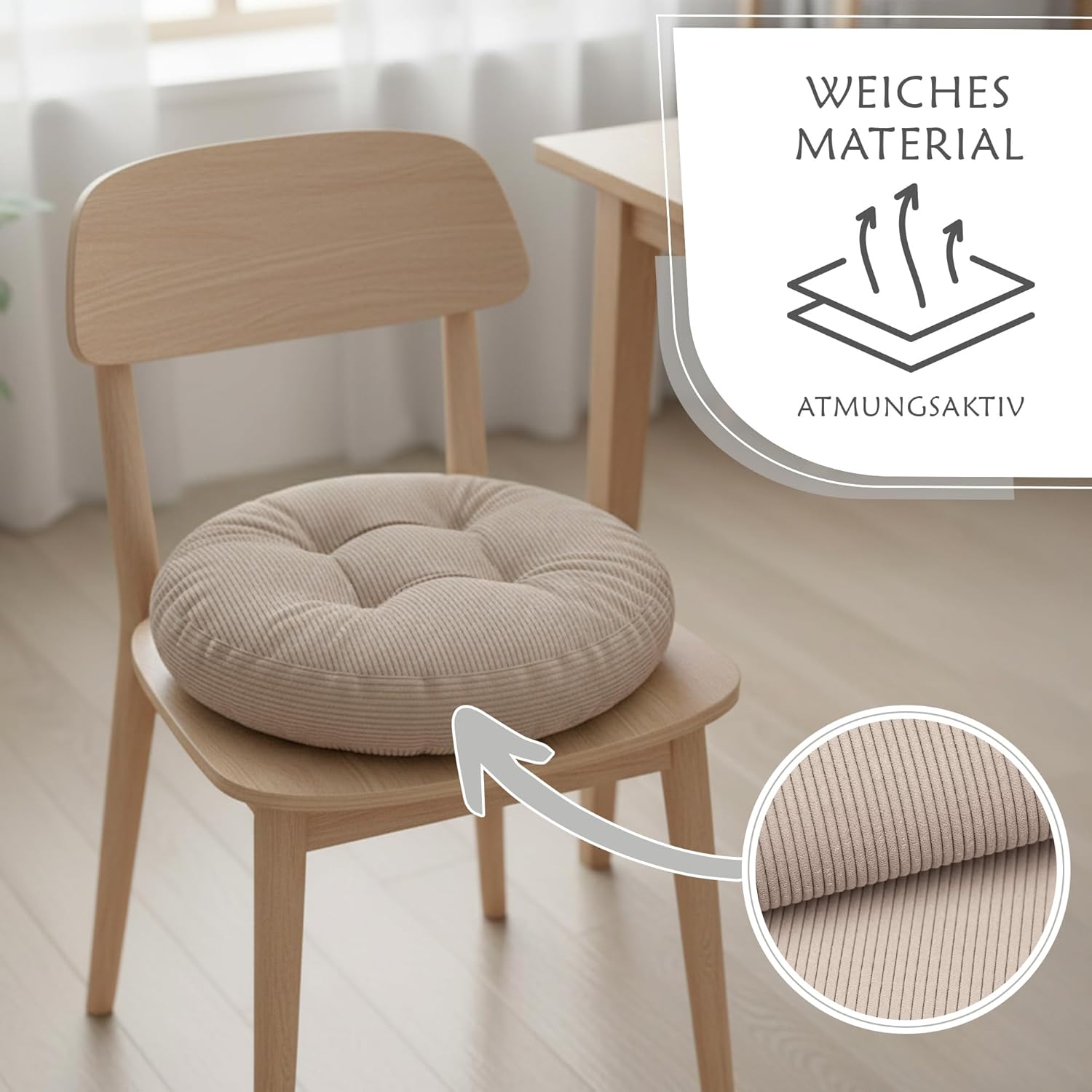 Amazinggirl Sitzkissen Stuhlkissen rund 40 cm - Rundes Cord-Stoffkissen, Sitzkissen für Stuhl, Bürostuhl, Bank, Eckbank, Bodenkissen, weiches Sitter-Flauschiges Cord-Beige – Bild 3