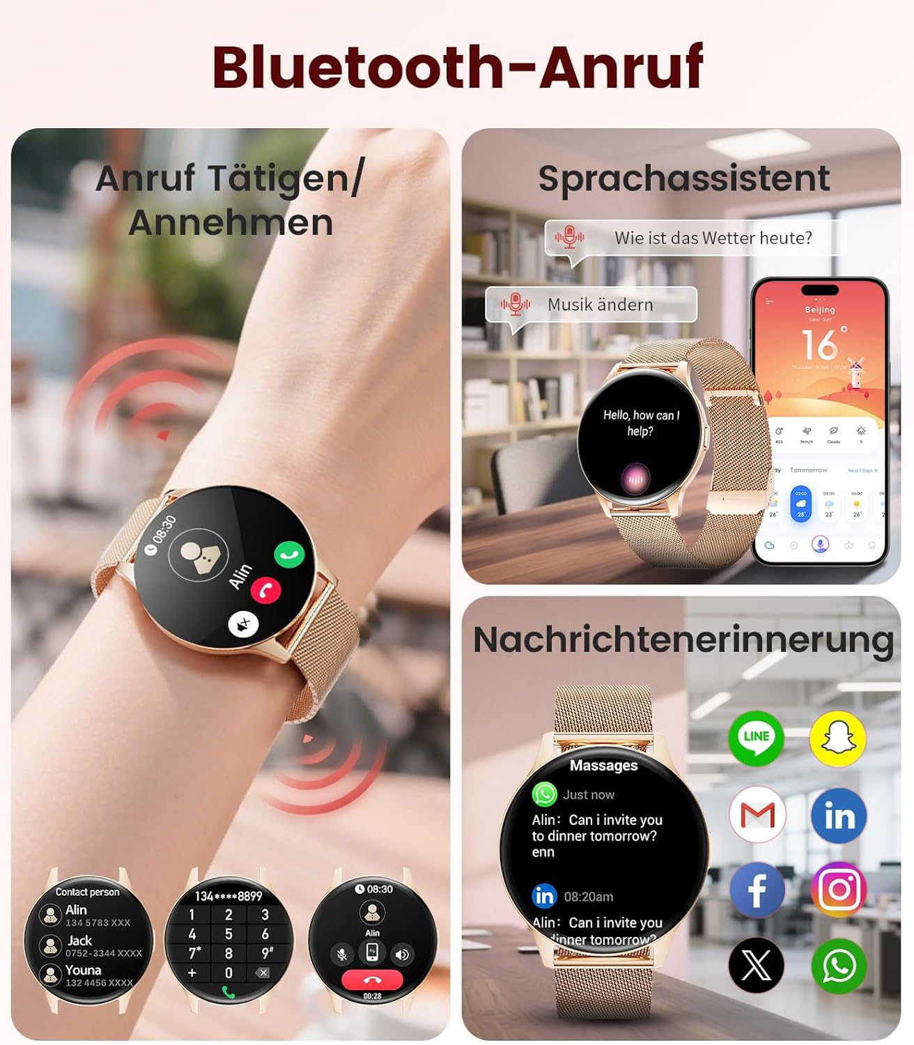 Damen-Smartwatch mit Anrufen – 7,99 mm ultradünne elegante Fitnessuhr mit 1,43 Zoll HD Always-On-Display, IP68 wasserdicht, 100+ Sportmodi, Damengesundheit für iOS Android, Roségold – Bild 3