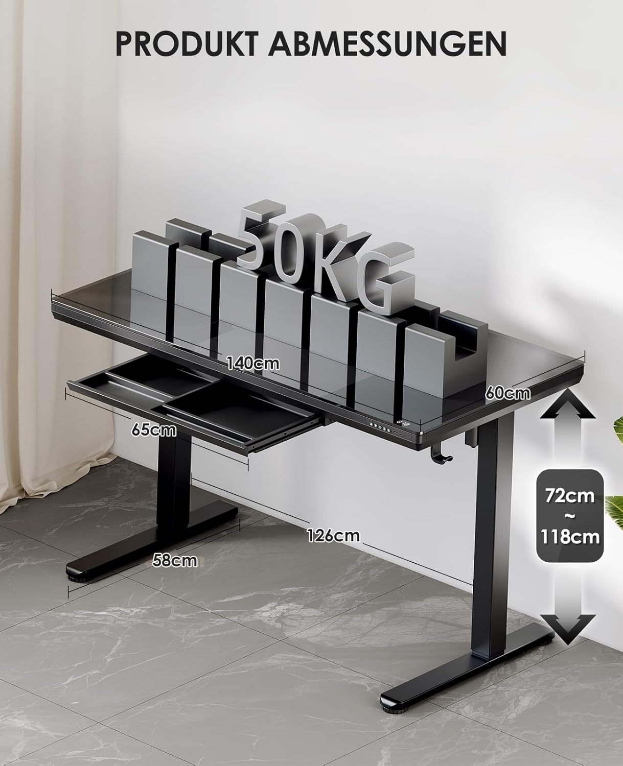 OffiGo Glas höhenverstellbarer Schreibtisch, 140 x 60 cm, elektrischer Schreibtisch mit Schublade, ganze Tischplatte mit USB und Typ-C, Stehpult, Stehsitz, Glastisch für Home Office, Büro, Schwarz – Bild 8