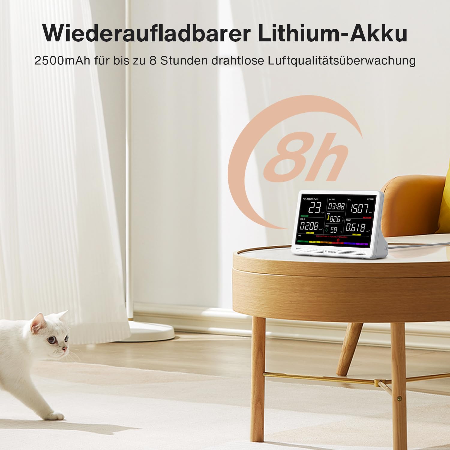 bonoch 16-in-1 Luftqualitätsmessgerät, Luftmessgerät, 9 AQI + 7 AQI-Warnungen, Luftqualitätsmonitor für CO2, TVOC, PM2,5, PM1,0, PM10, HCHO, Temperatur, Luftfeuchtigkeit, AQI und Zeit, Luftqualitätsmonitor – Bild 9