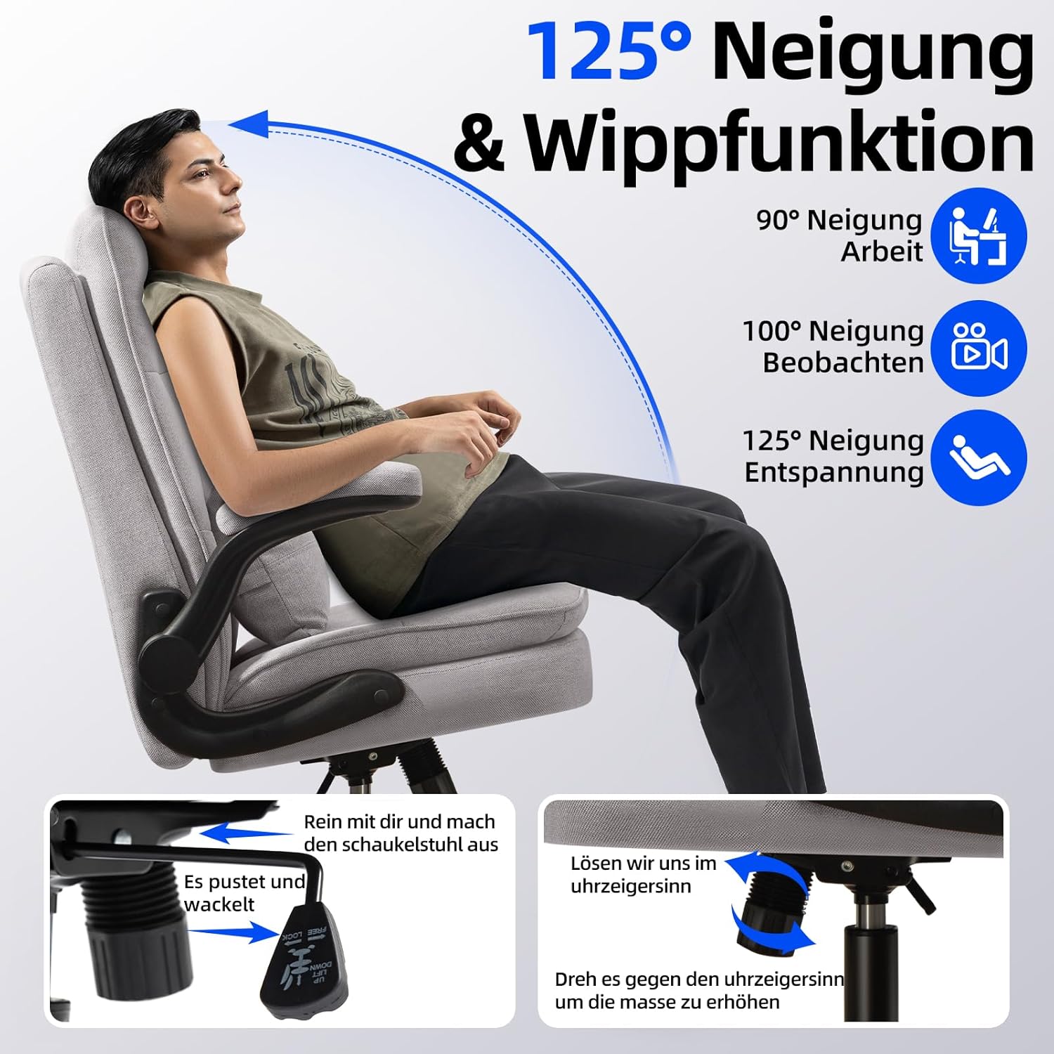 Ergonomischer Bürostuhl (Testsieger) Schreibtischstuhl | Klappbare Armlehne und hohe Rückenlehne | Höhenverstellbar & Wippfunktion | Chefsessel 150 kg | Bürostuhl | Bürostühle Stoff Grau – Bild 7