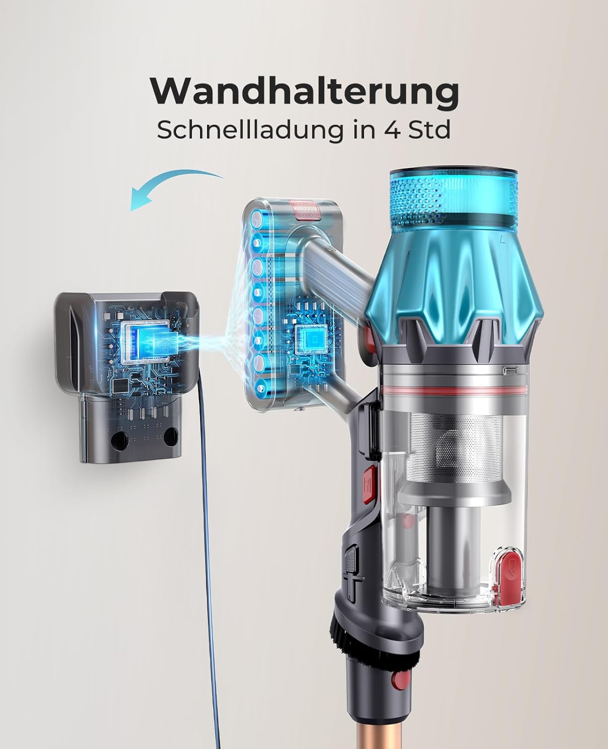 Fieety Akku-Staubsauger, 50 kPa/600 W starkes Vakuum, 65 Min., 1,6 l beutellos, 8-in-1 mit Anti-Haarwickel, Sofabürste & Ladestation, ideal für Tierhaare, Teppiche, Hartböden, Auto – Bild 7