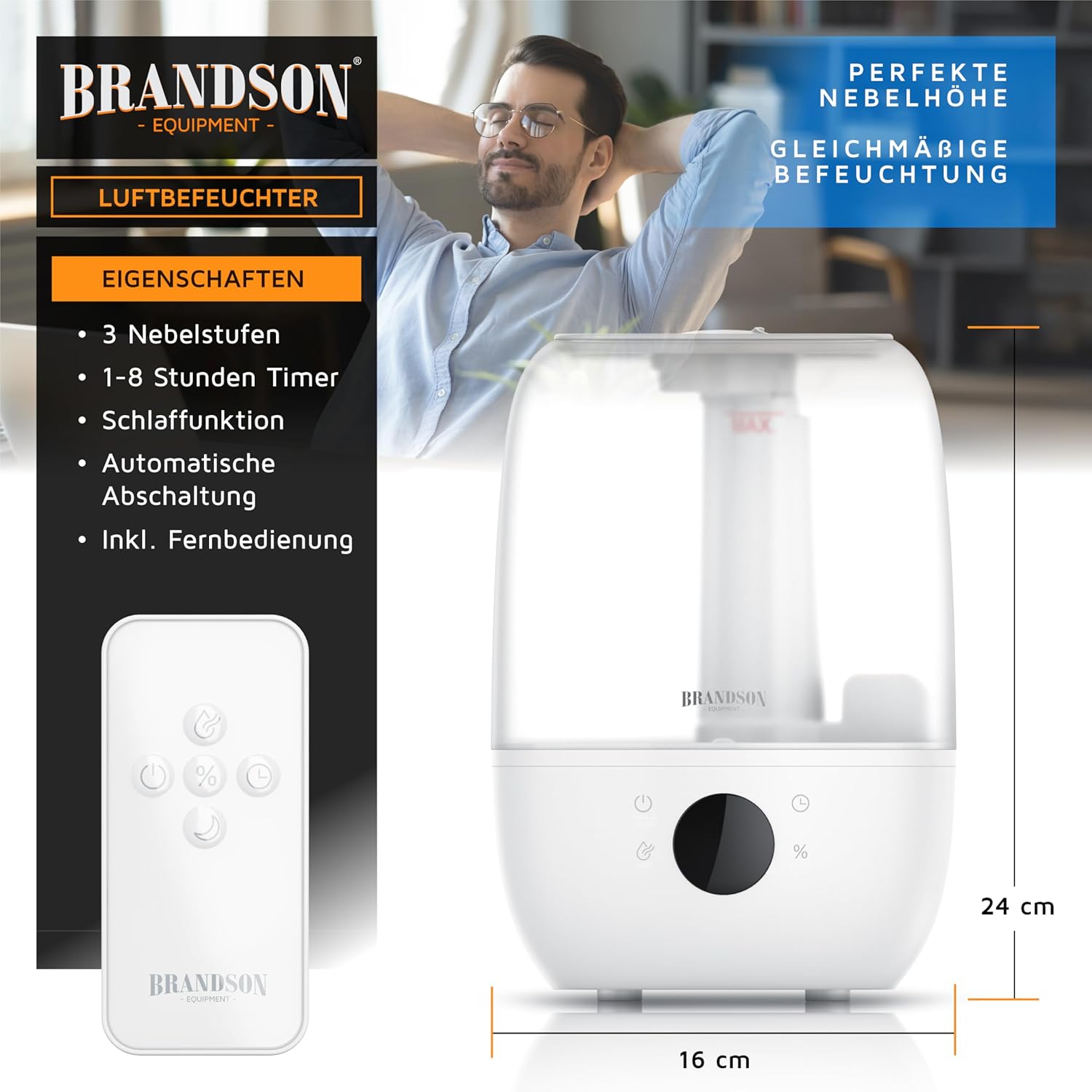 Brandson – Digitaler Luftbefeuchter mit Display – 2000 ml Volumen – Fernbedienung – 3 Nebelstufen – Timer – sehr leise – Schlafzimmer, Baby, Kinderzimmer, Büro – weißes, transparentes Design – Bild 2