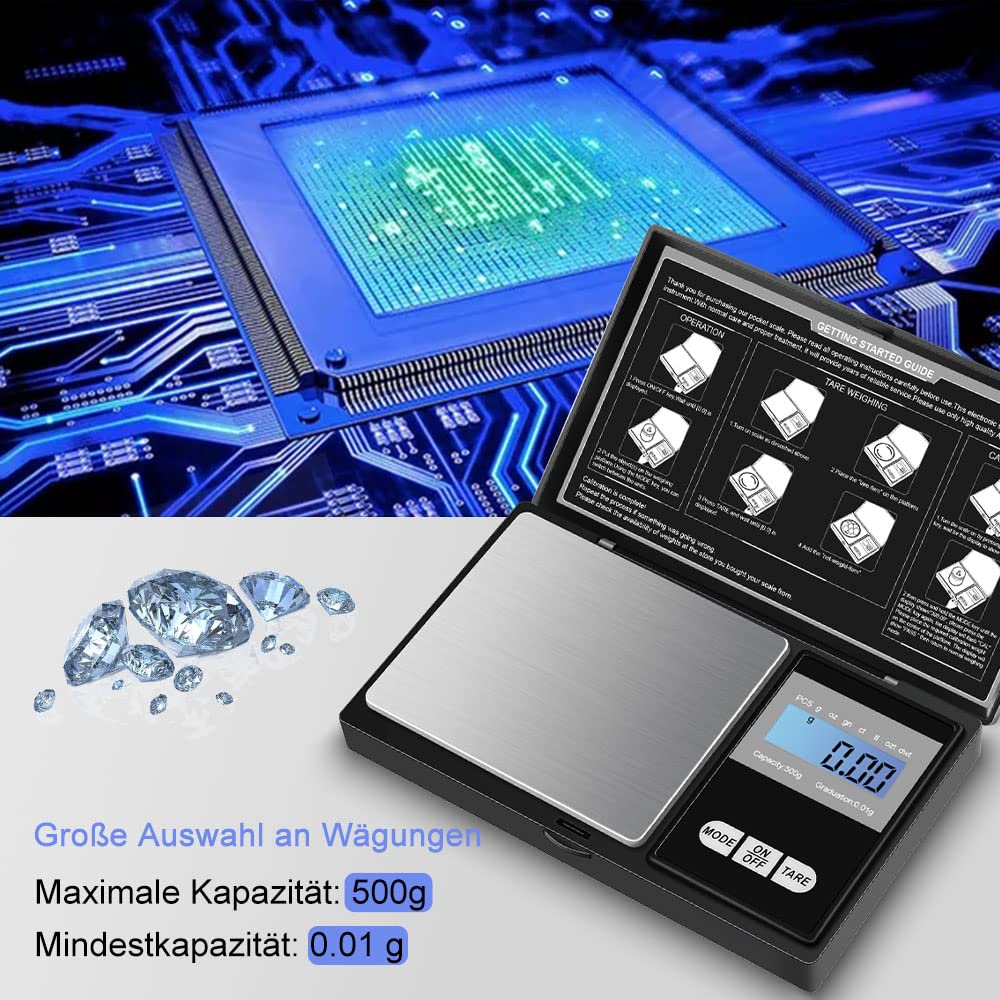 Diyife Taschenwaage 500 g / 0,01 g (Neue Plattform), Präzisions-Mini-Küchenwaage, Digitalwaage, Goldwaage, Münzwaage, LCD-Display, Multifunktion für Küche, Schmuck, Tee, Hefe, Kaffee – Bild 2
