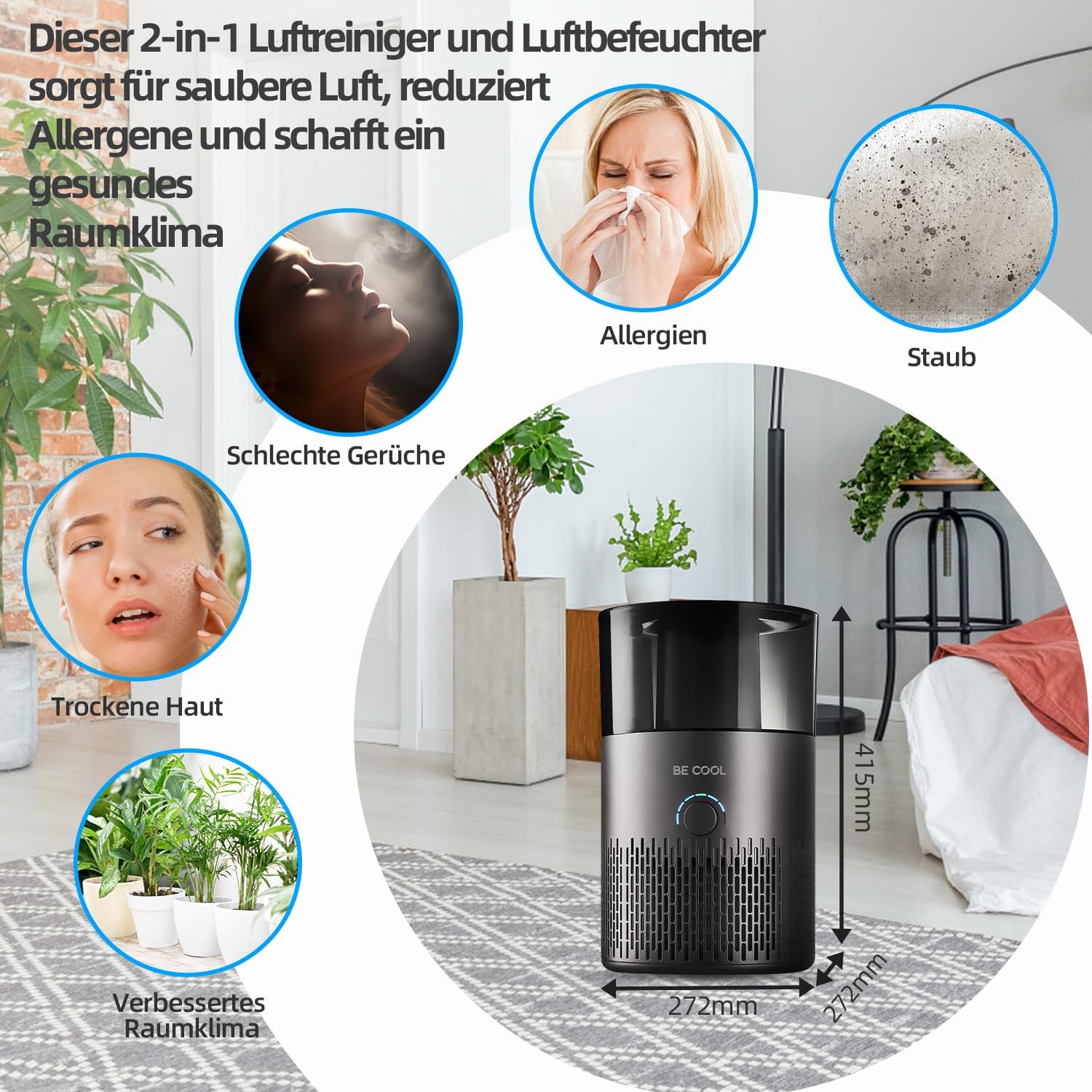 Be Cool Luftbefeuchter – 7 einstellbare Luftfeuchtigkeitsstufen / 360°-Drehung – 12 Stunden Betriebszeit, HEPA, gegen Pollen, leise – 3,8 l Tank/Schwarz – Bild 7