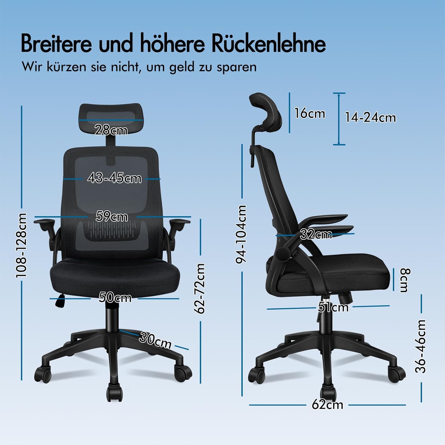 ALFORDSON Ergonomischer Büro-Schreibtischstuhl, Computerstuhl mit dynamischer Lordosenstütze, neigbarer Drehstuhl mit hochklappbarer Armlehne, Schwarz – Bild 2