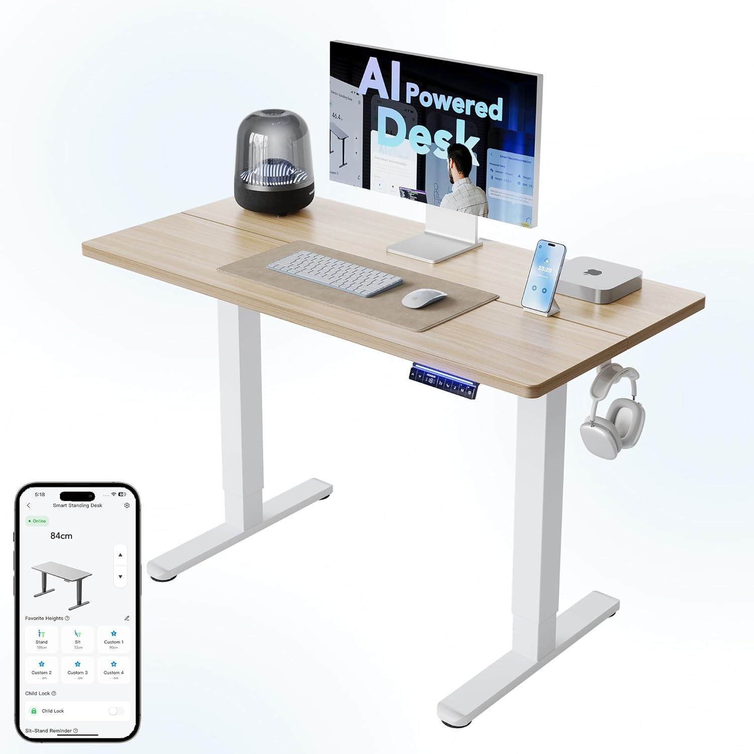 HUANUO AI-gesteuerter elektrischer Stehschreibtisch 120 x 60 cm mit Smart App, funktioniert mit Alexa & Google, höhenverstellbar, 6 Speicherstufen, Sitzerinnerung, ergonomisch