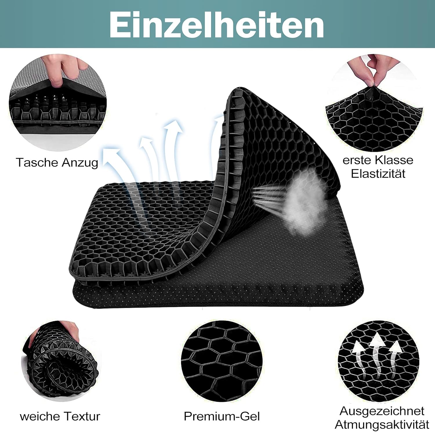 HSSGGV Waben-Gel-Sitzkissen, rutschfester Bezug, atmungsaktiv, für Auto, Bürostuhl und Rollstuhl (schwarz, 44 x 39 x 4 cm)