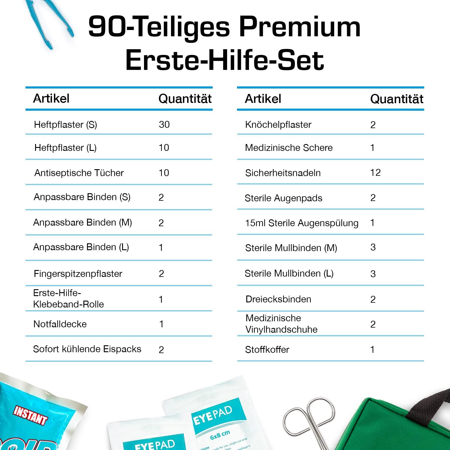 90-teilige Premium-Erste-Hilfe-Set-Tasche – inklusive Augenspülung, 2 x Kühlakkus (Eis) und Notfalldecke für Zuhause, Büro, Auto, Wohnwagen, Arbeitsplatz, Reisen – Bild 4
