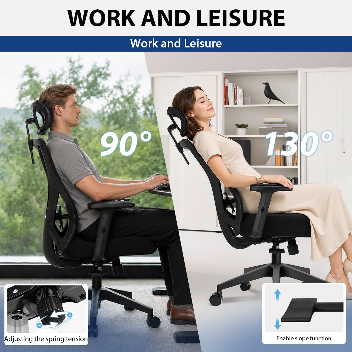 Durrafy Ergonomischer Bürostuhl mit verstellbarer Kopfstütze – Bequemer Schreibtischstuhl mit Lordosenstütze, atmungsaktiver Netzrückenlehne und Wippfunktion, Schwarz – Bild 5