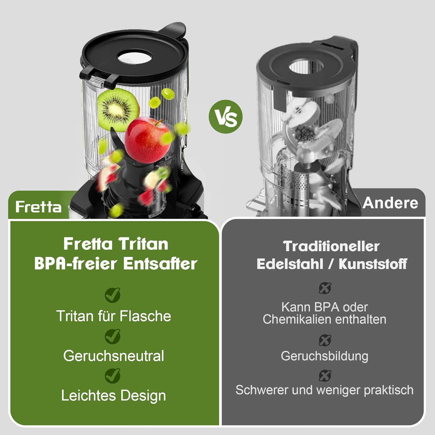 Fretta Juicer Slow Juicer, Edelstahl-Entsafter Gemüse und Obst Testsieger, 135 mm Öffnung und 1,8 l Entsafter-Maschine mit Umkehrfunktion, einfache Installation, leicht zu reinigen, 100 % BPA-frei, 250 W – Bild 3