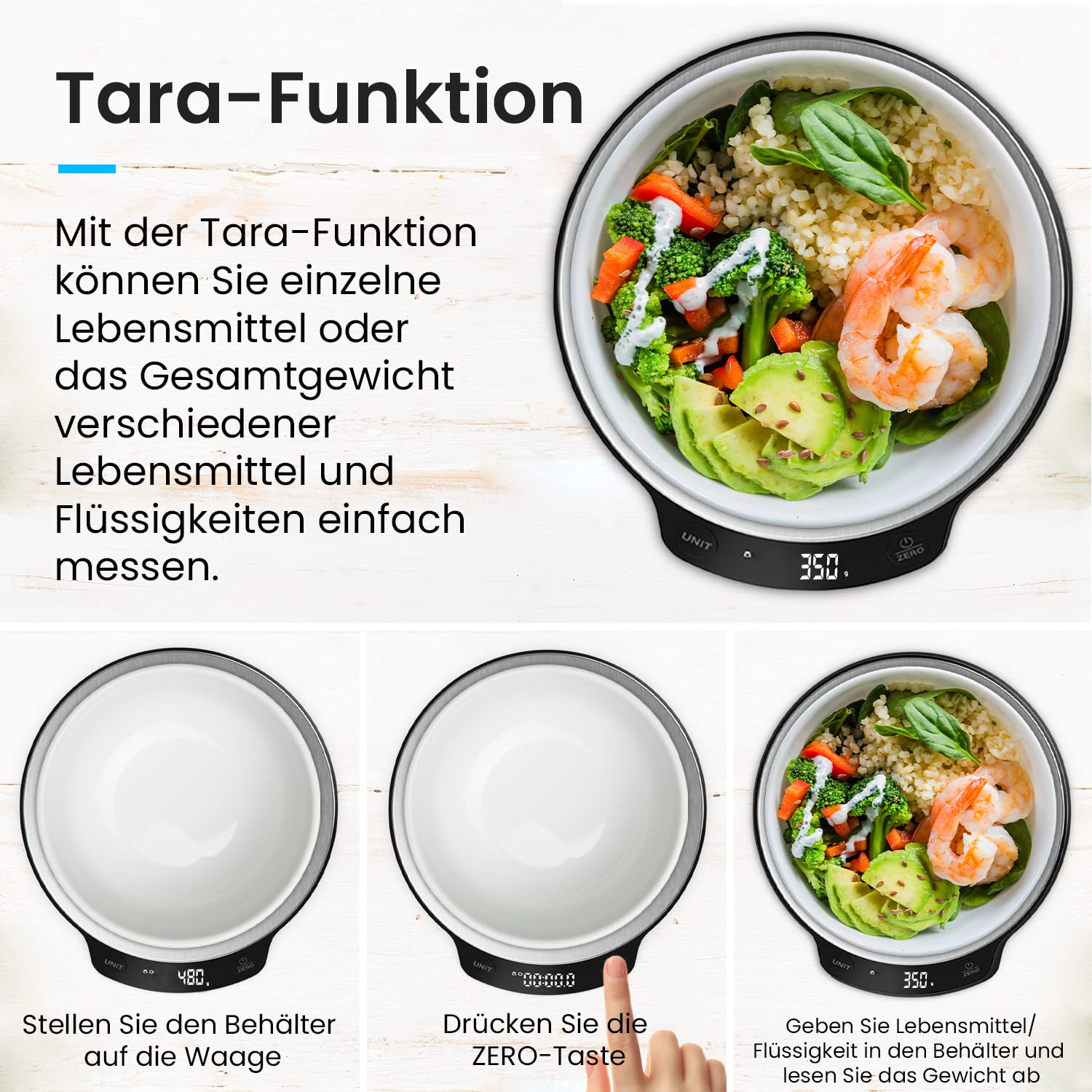 Pro Breeze Digitale Küchenwaage bis 5 kg – Professionelle Digitalwaage für präzise Messgenauigkeit bis 1 g, inklusive Flüssigkeitsmessung, mit großem LCD-Display und Tara-Funktion – Silber/Edelstahl – Bild 5