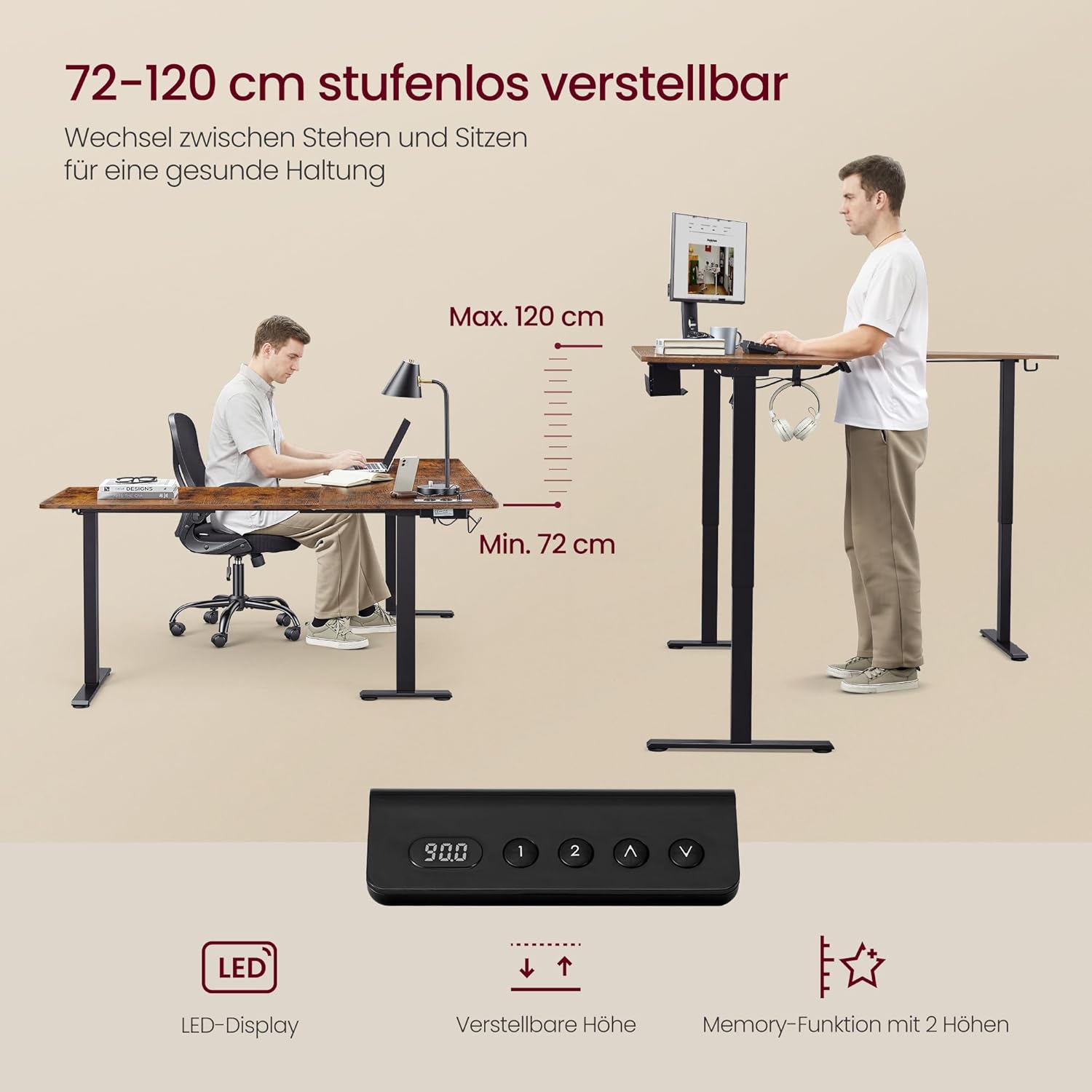 VASAGLE Höhenverstellbarer Schreibtisch, 190 x 155 cm, L-förmiger Eckschreibtisch, Stehpult, 2 AC-Steckdosen, 2 USB-A-Anschlüsse, Steckdosenleistenablage, für Büro, Vintage-Braun LSD295KD01 – Bild 4