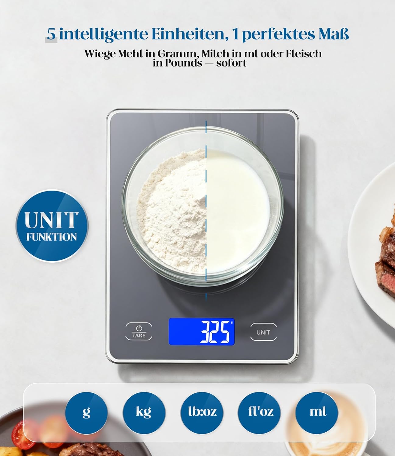 Digitale Küchenwaage mit 15 kg Tragkraft, 5 Einheiten in g/ml/fl'oz, Präzise Küchenwaage mit großem Display, Dual Power (USB-C/Batterie), 1 g hohe Präzision, Tara-Sicherheitsglas zum Backen, Kochen – Bild 5