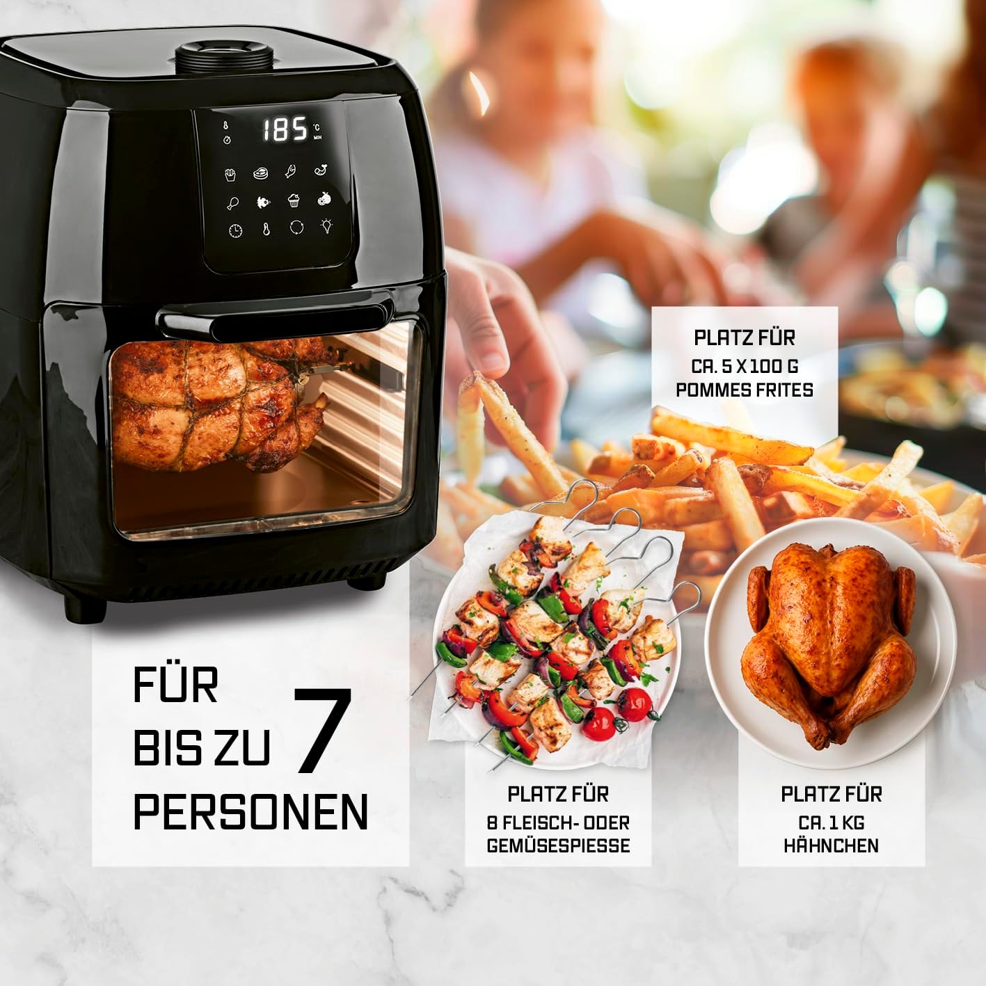 GOURMETmaxx Digitale XXL Heißluftfritteuse, 9 Liter | Frittieren ohne Fett, Fritteuse, Backofen und Drehgrill in einem | Inklusive Drehspieß für Hähnchen- und Kebabspieße (1.800 Watt/Schwarz) – Bild 3