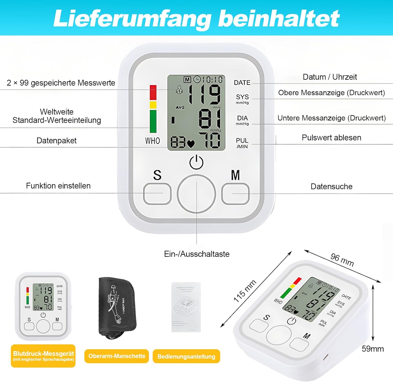 Blutdruckmessgerät Oberarm Digitalmonitor Hoher Blutdruck LED-Anzeige, Arrhythmie-Erkennung & Pulsmessung, große Manschette 22-36 cm, 2 x 99 Speicher – Bild 3