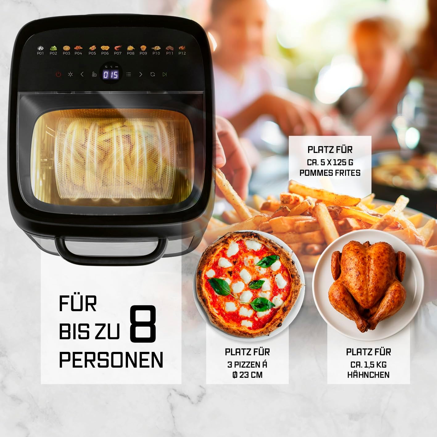 GOURMETmaxx Heißluftofen mit Panoramadach und Frontfenster 12,5 L | Heißluftfritteuse mit 9 Funktionen | Heißluftfritteuse und Minibackofen in 1 | für max. 8 Personen | Heißluftfritteuse mit Farbsymbolen – Bild 3