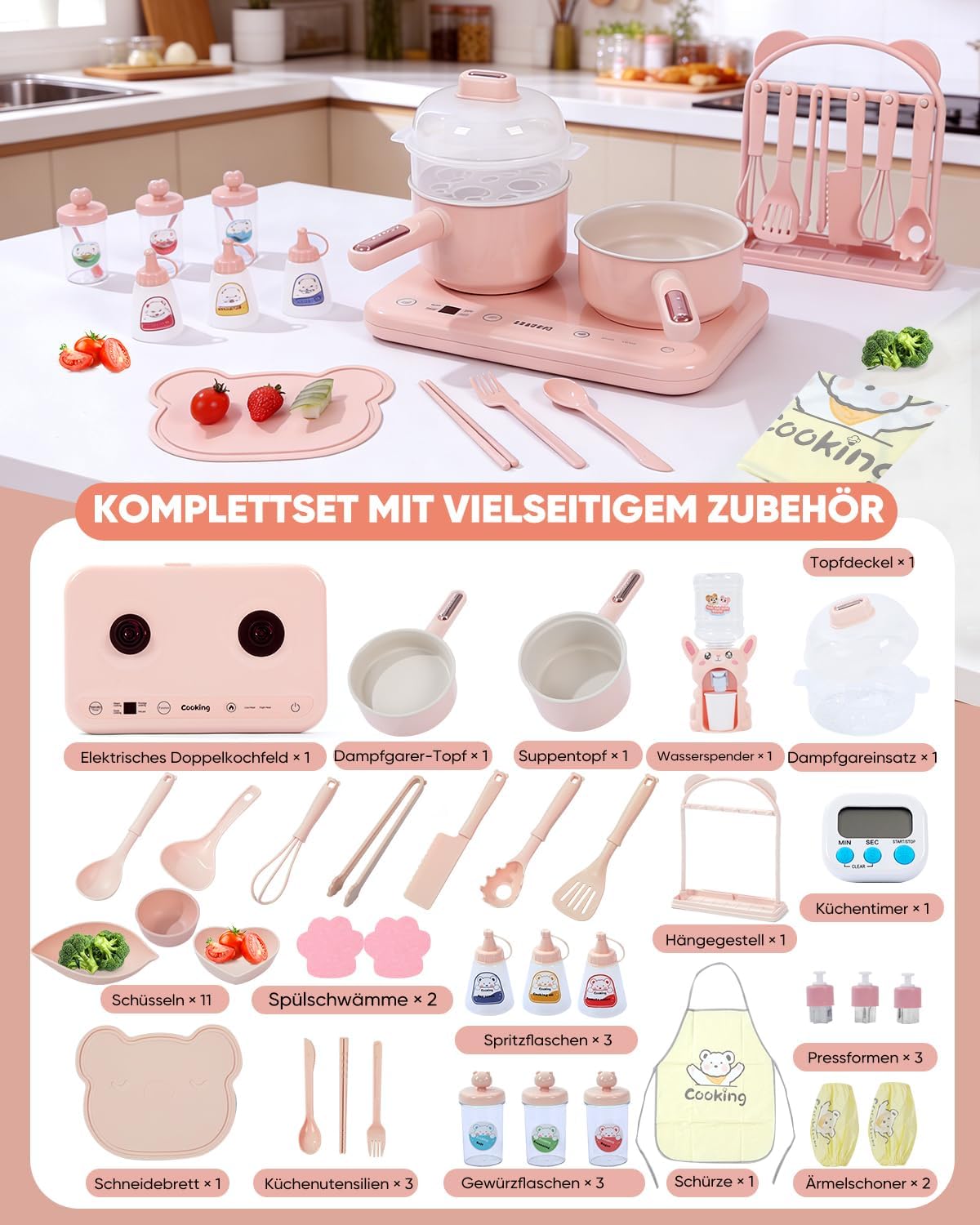 Elektrischer Hot Pot Mini-Multikocher mit Doppelkochfeld – elektrischer Kochtopf mit Dampfgarer und Suppentopf, für Eintopf und Suppen, kompakt, leicht zu reinigen (Rosa) – Bild 2