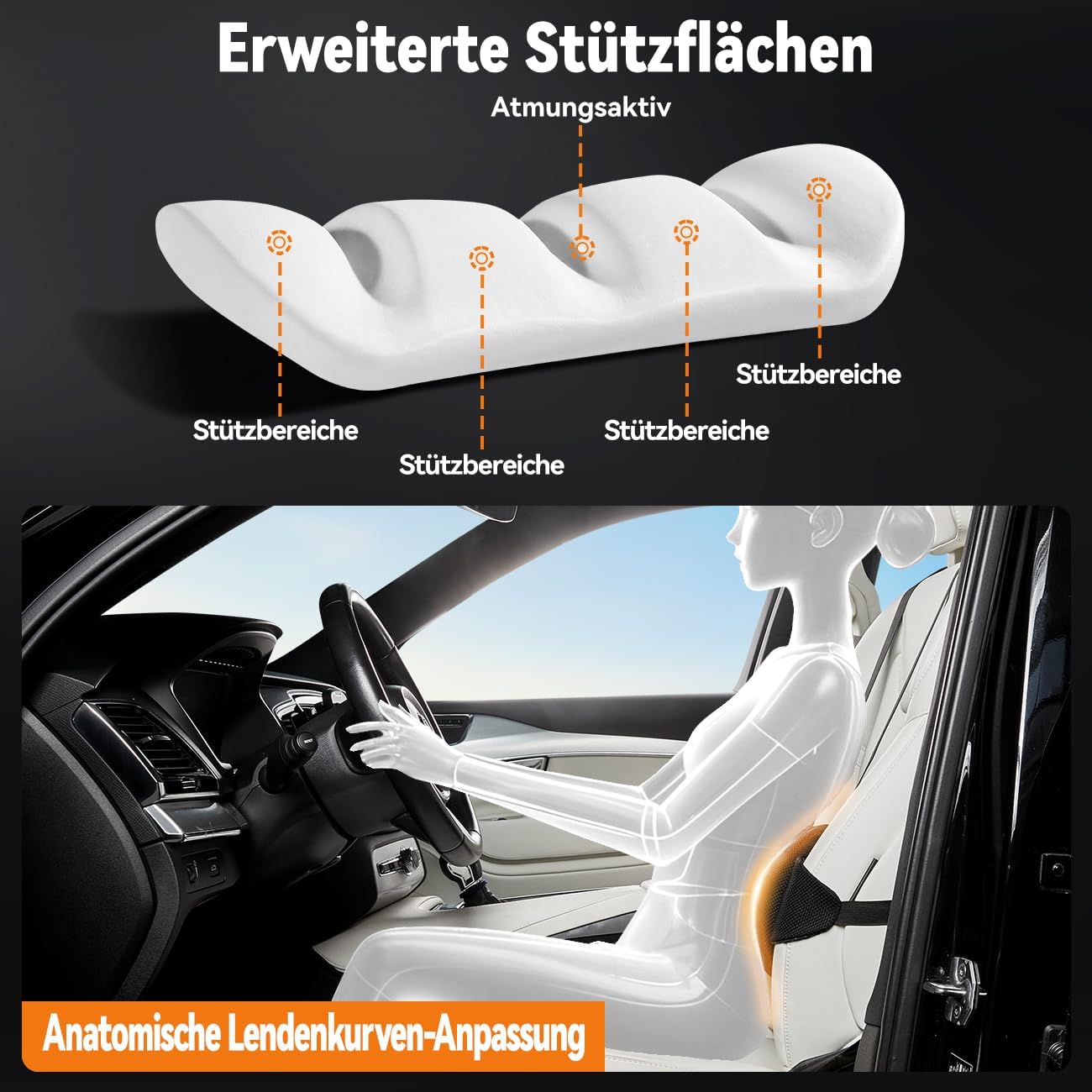 GGW Höhenverstellbares Lendenkissen Auto Ergonomische Lendenwirbelstütze mit Memory-Schaum, anatomisches Rückenkissen für Autositz/Bürostuhl, atmungsaktiver Sitzbezug (Grau) – Bild 4