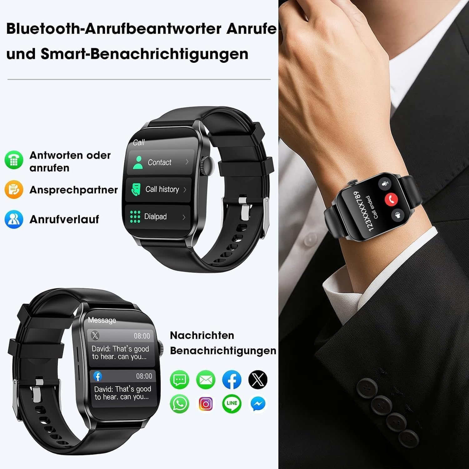 Smartwatch Herren Damen 1,91 Zoll HD Curve Display Smartwatch mit Bluetooth-Anrufen, 100+ Sportmodi, Fitnessuhr mit Herzfrequenz-/Schlafmonitor/Schrittzähler, IP67 wasserdichte Sportuhr für Android iOS – Bild 2