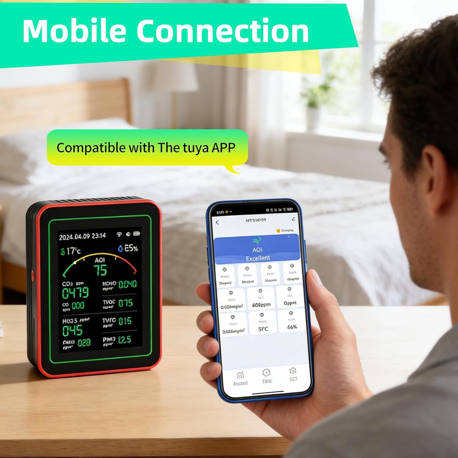 Raumluftqualitätsmonitor, 15-in-1-WLAN-Smart-Luftqualitätsmonitor mit App-Steuerung, erkennt PM2,5, PM10, PM0,3, PM1,0, CO2, CO, TVOC, HCHO, Temperatur, Luftfeuchtigkeit für Zuhause – Bild 5
