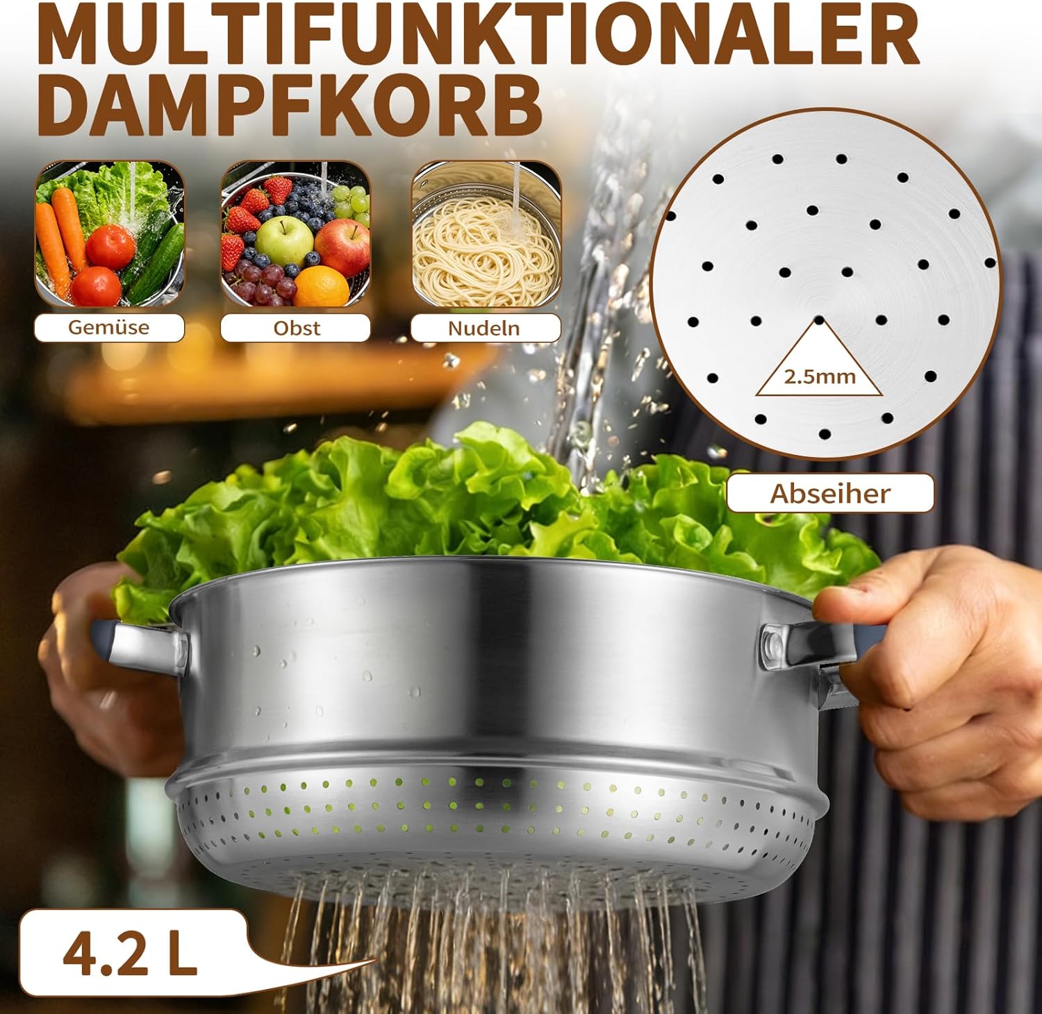 Dampfgarer mit Glasdeckel 24 cm, Edelstahl 5,3 l Dampftopf inklusive Dampfkorb, Induktionsdämpfer, Kartoffeldämpfer, Couscous-Topf, geeignet für Gemüse, Suppen, Knödel, Backofen und Spülmaschine – Bild 5
