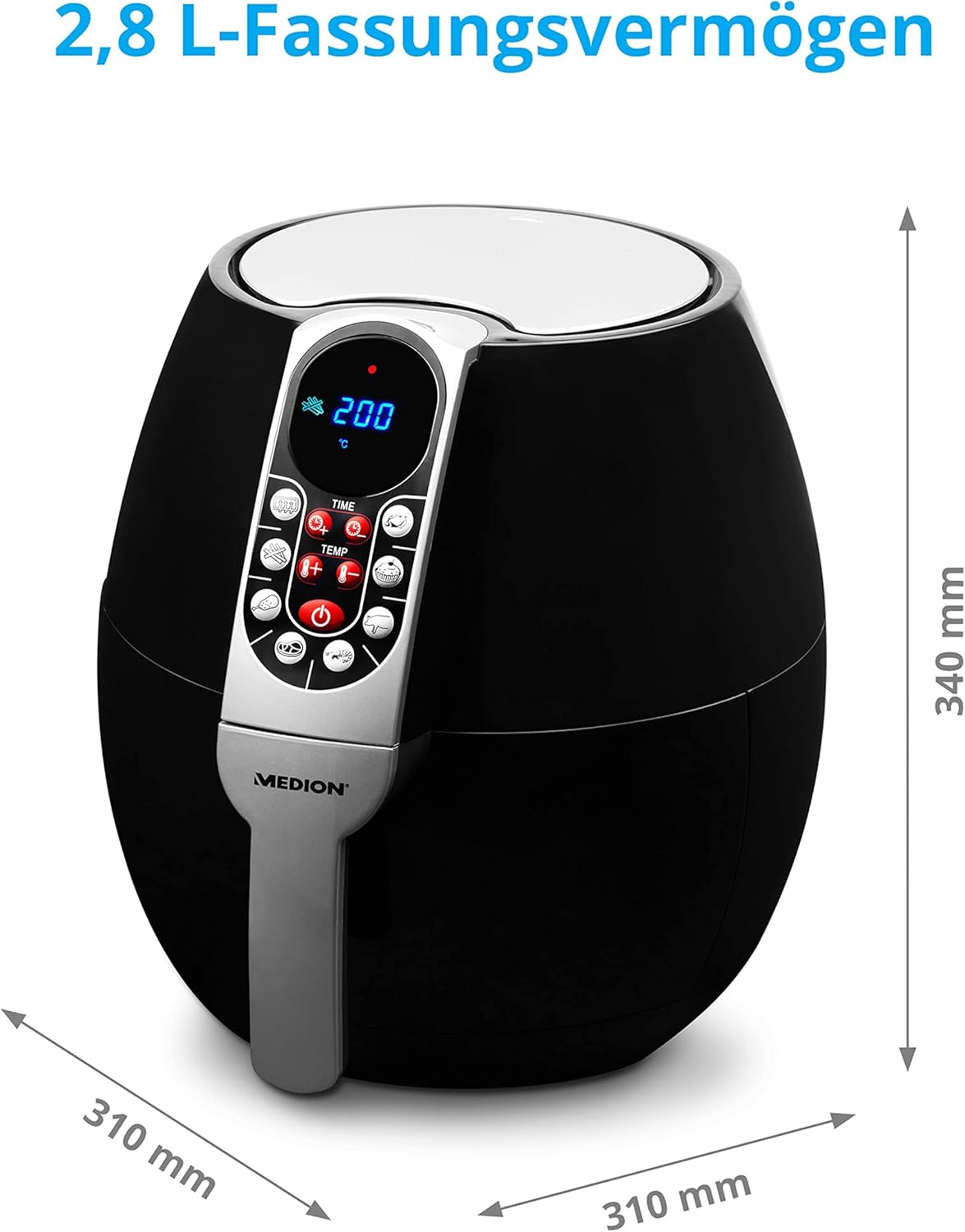 MEDION E10 S Heißluftfritteuse (Leistung ca. 1500 Watt, Airfryer, digitales Bedienfeld, Gesamtnutzinhalt 4 Liter, ölfreies Frittieren, 30-Minuten-Timer, Überhitzungsschutz, MD 17320) schwarz – Bild 5