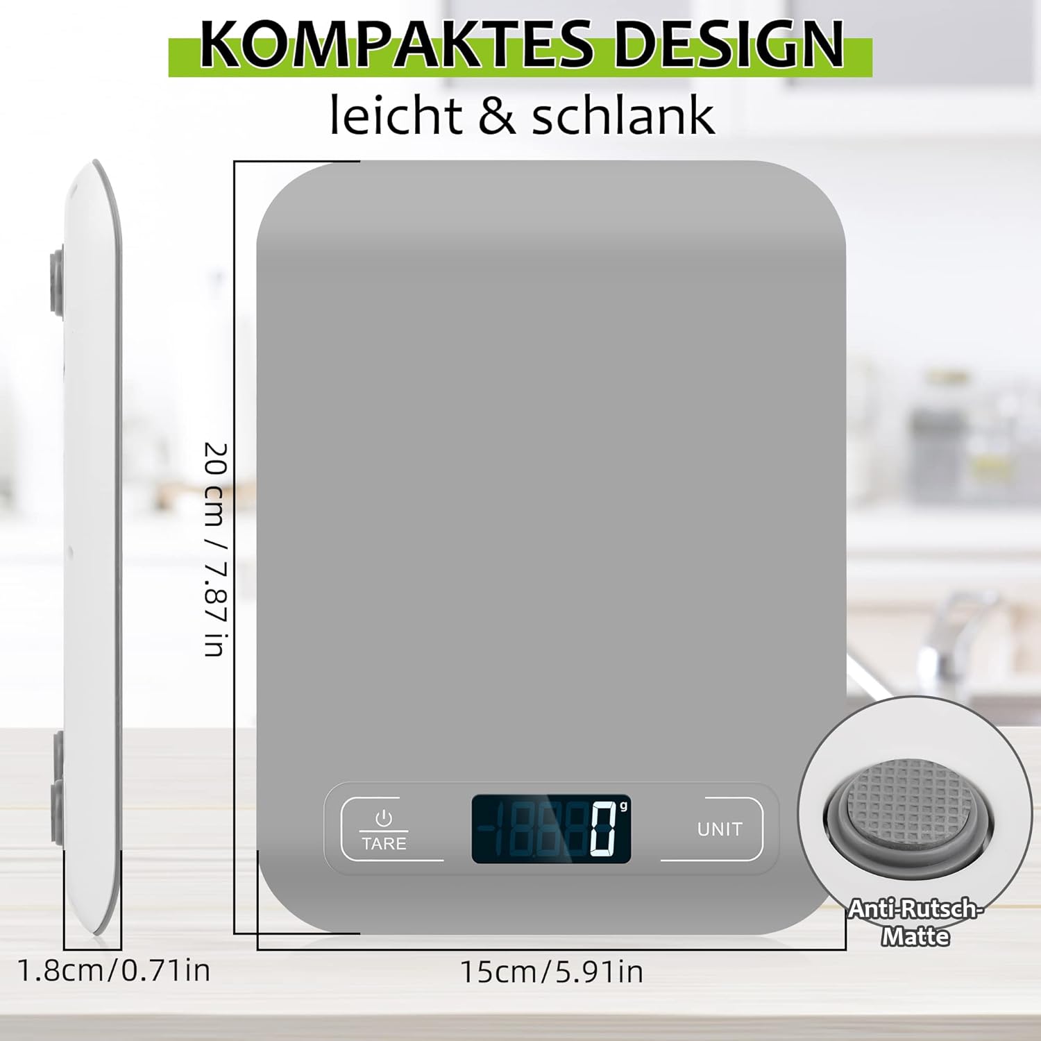 Digitale Küchenwaage, 10 kg, Profiwaage mit LCD-Display und Tara-Funktion, zum Backen und Kochen, 1 g Genauigkeit, Grau – Bild 6