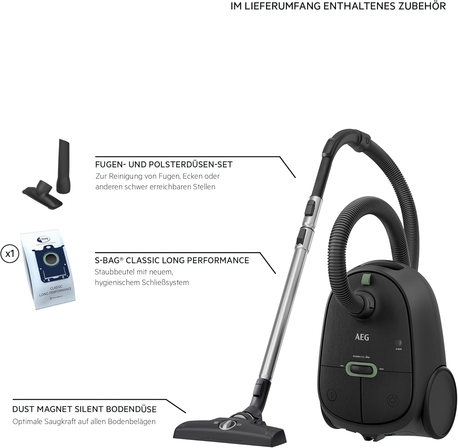 AEG Clean 6000 AB61C1OKO Öko-Staubsauger, hohe Saugleistung, zusätzliche Düsen, XL-Räder, Edelstahl-Teleskoprohr, 65 % recyceltes Material, 12 m Kabel, 850 Watt, Zubehör, grau – Bild 2